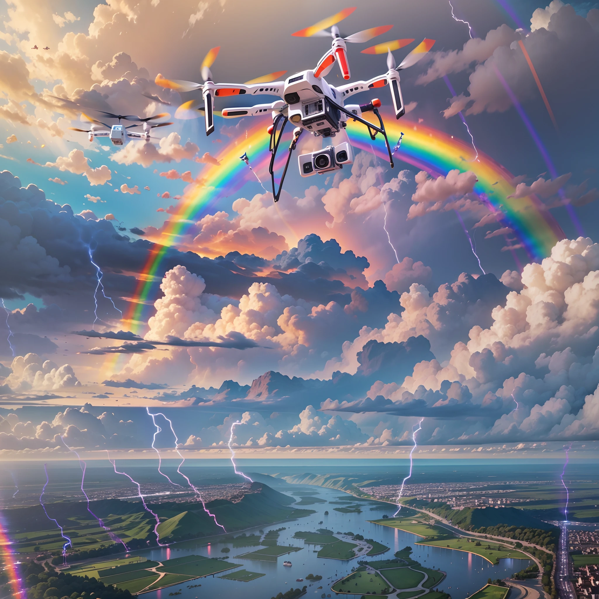Under a rainbow in the sky after rain，Large flying attack drones