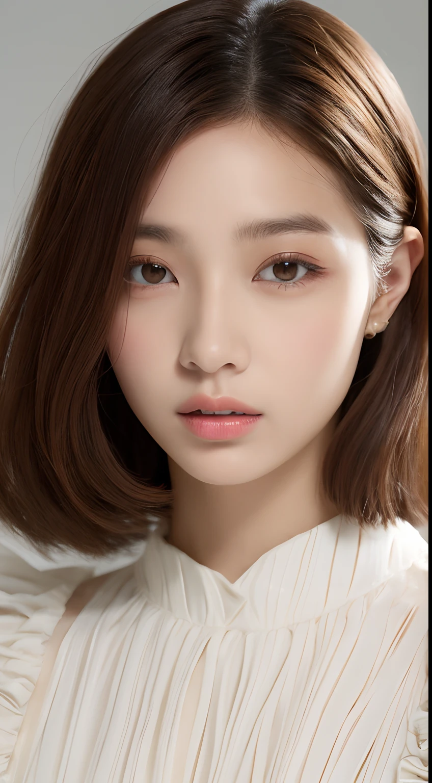 one beautiful Japanese model ,Unique hair details, Dior blouse, frill white pattern, Near future, Curvilinear details , detailed eyes, double eyelid, plump lips, Two-Tier Inverted shaggy hair, professional makeup, hyper res