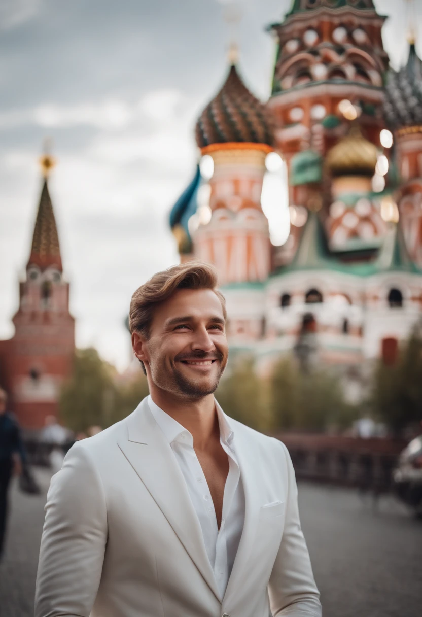 a rich man with a beautiful background in moscow, white suit, confident smile, Summer atmosphere.