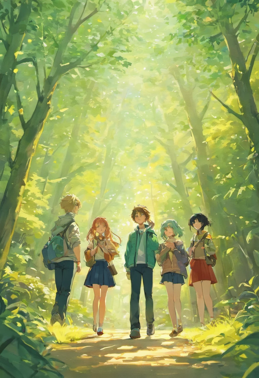 Imagine um grupo de amigos cegos reunidos em um parque, talking and exploring the environment through the other senses, such as touch and hearing.