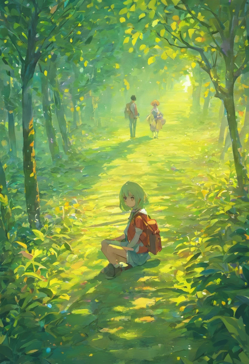 Imagine um grupo de amigos cegos reunidos em um parque, talking and exploring the environment through the other senses, such as touch and hearing.