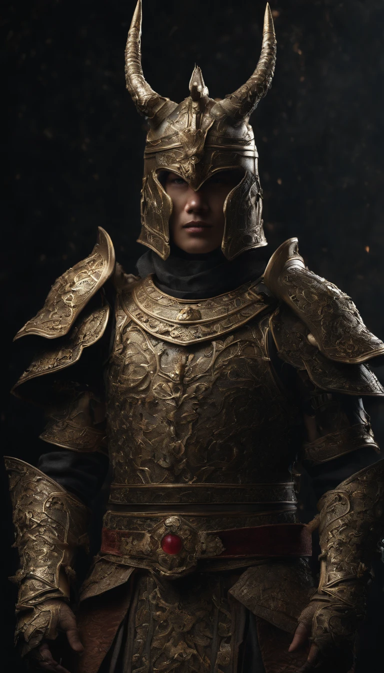 warrior, concept-art, author：Kishiganku, Fantasy art, Zen temple background, clean render, a horned, Wear a suit of armor, Detailed bushido form smoke, helmet of a forgotten deity, character is standing, 8k Realistic, in game render, detailed face background detail, Art station front page, taur, Pseudo-medieval fantasy, A deity wearing koi armor, detailed bronze armor, Bronze armor, golden etched armor, gold obsidian armor, Light gold armor, Gorgeous filigree armor, A demonic warrior, Gorgeous armor full of thorns, Intricate assasin armor, Intricate metal armor, powerful warrior, Dressed in gorgeous gold armor，Decorated with intricate patterns, The helmet has a large crown and two horns,Glowing red eyes， Everything is in the dark, The smoky background hints at battle scenes, Add an ominous aura to his character，submission, Full body shot.fully body photo