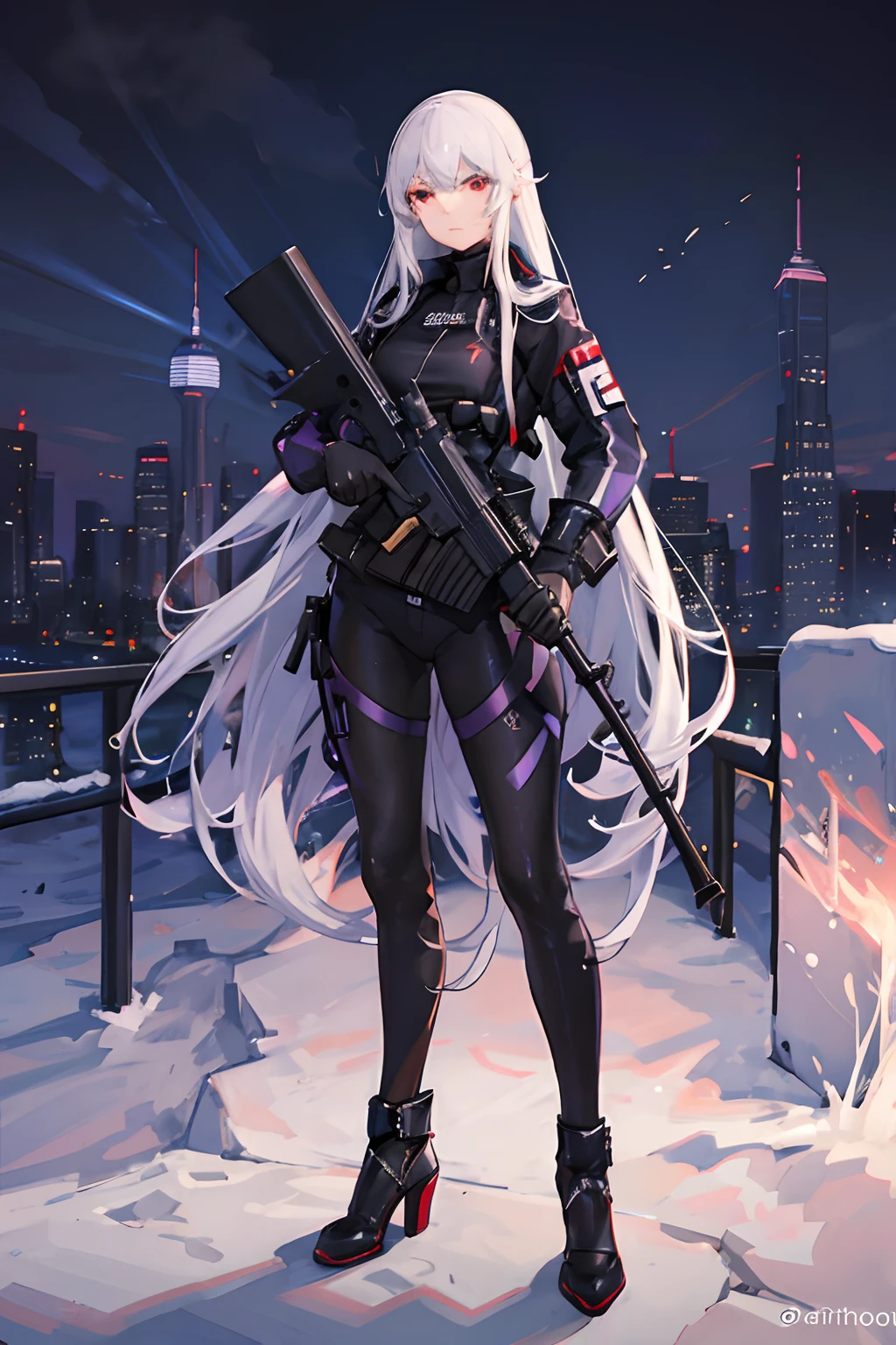 (best quality,photorealistic),white haired,red eyes,adulto,portrait,sniper,sharp dressed,elite gunman,reddot sniper scope,detailed facial features,serious expression,professional attire,highly detailed,wearing suit,standing tall,confident stance,urban background,cityscape,night scene,vivid colors,blue and purple tones,studio lighting.