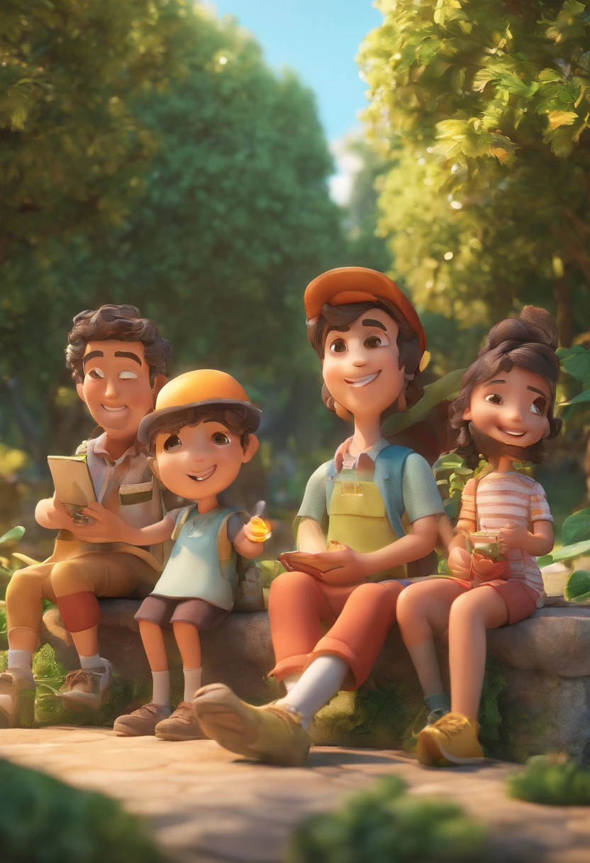Imagine um grupo de amigos cegos reunidos em um parque, talking and exploring the environment through the other senses, such as touch and hearing.