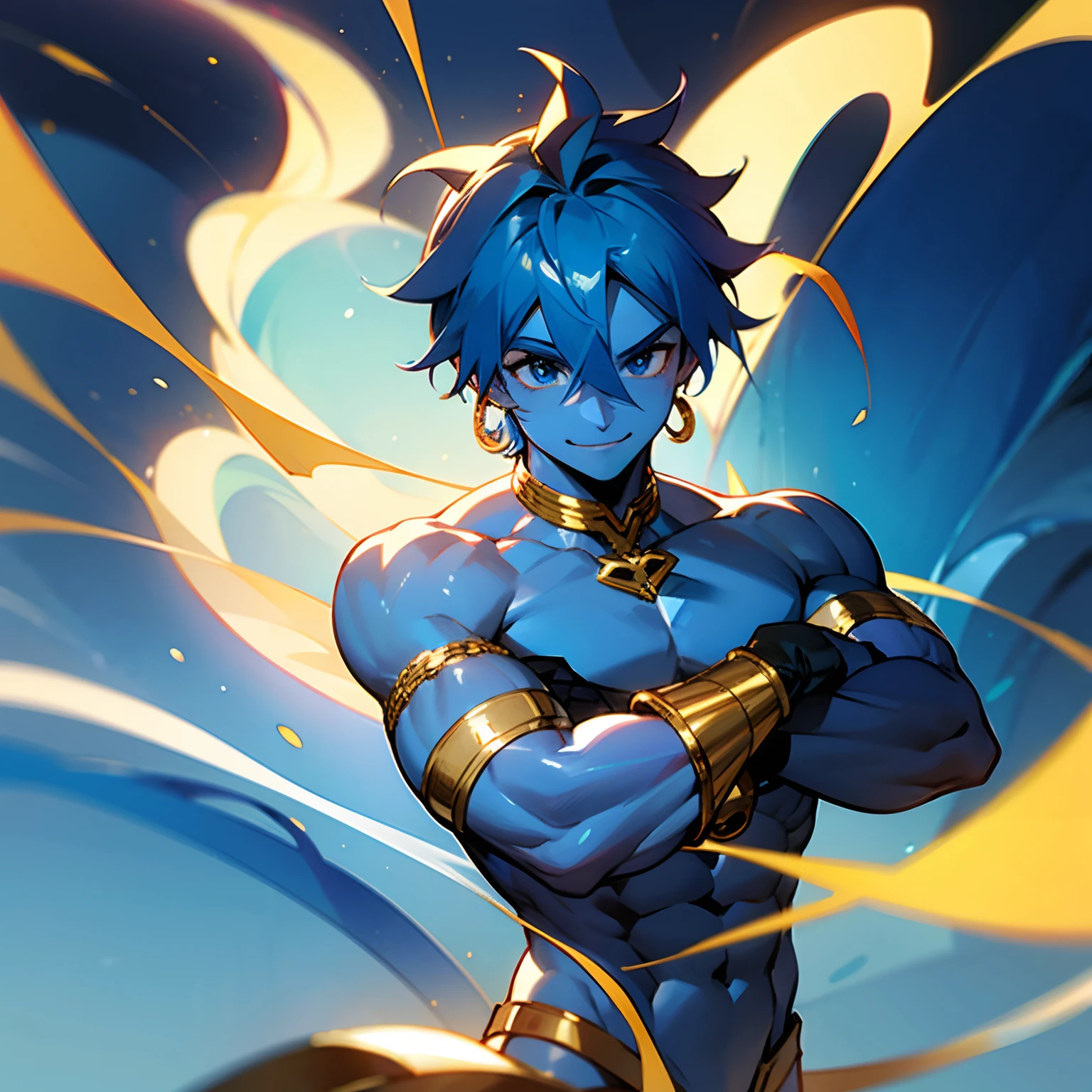 1male , blue skin , blue hair , golden bracelets , blue cloudy background , smiling , golden jewelry , muscular build , Djinn, genie