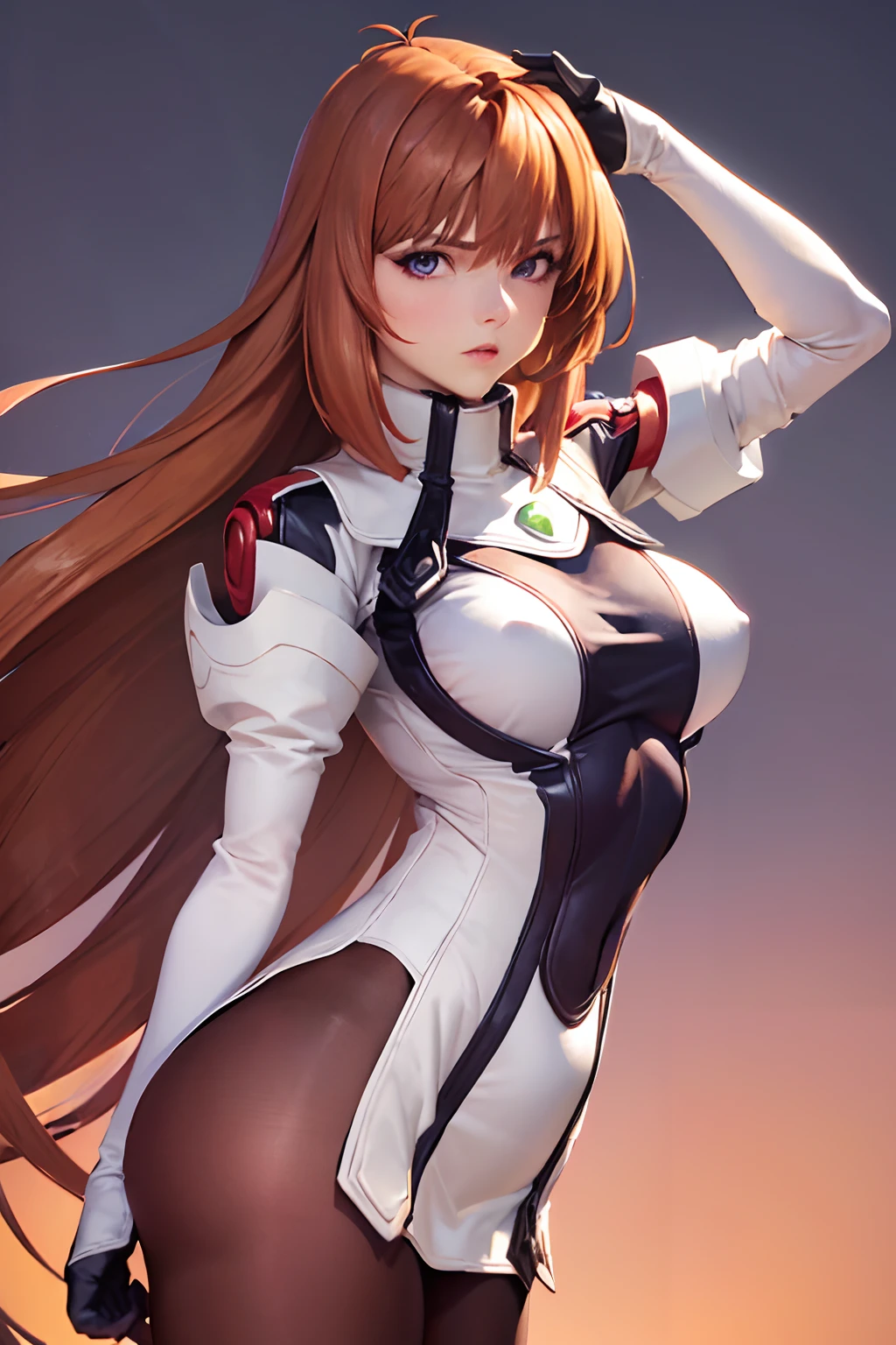 (masterpiece, best quality:1.2), solo, 1girl, purple iris, elhaym von houten, parted lips, looking at viewer, uniform, pantyhose, gloves, massive breasts, angry face, heavy breasts, tight clothes