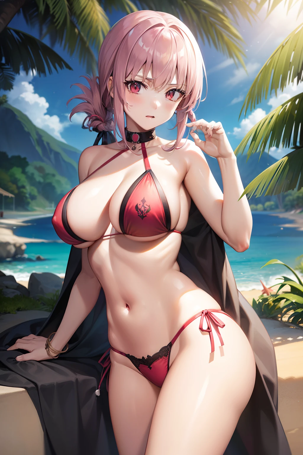 Florence Nightingale, Florence Nightingale, Pink hair, Long hair, (Red Eyes:1.5), Hair braid, side locks, folded ponytail, Single braid, braid, braided ponytails,BREAK looking at viewer,BREAK (masutepiece:1.2), Best Quality, High resolution, Unity 8k壁纸, (Illustration:0.8), (Beautiful detailed eyes:1.6), extra detailed face, Perfect Lighting, extremely details CG, (Perfect hands, Perfect ???????),Naughty big、large full breasts、,(pink bikinis:1.3)、(the beach:1.5)、Bare neck、bare shoulders​、Bare arms、bare elbows