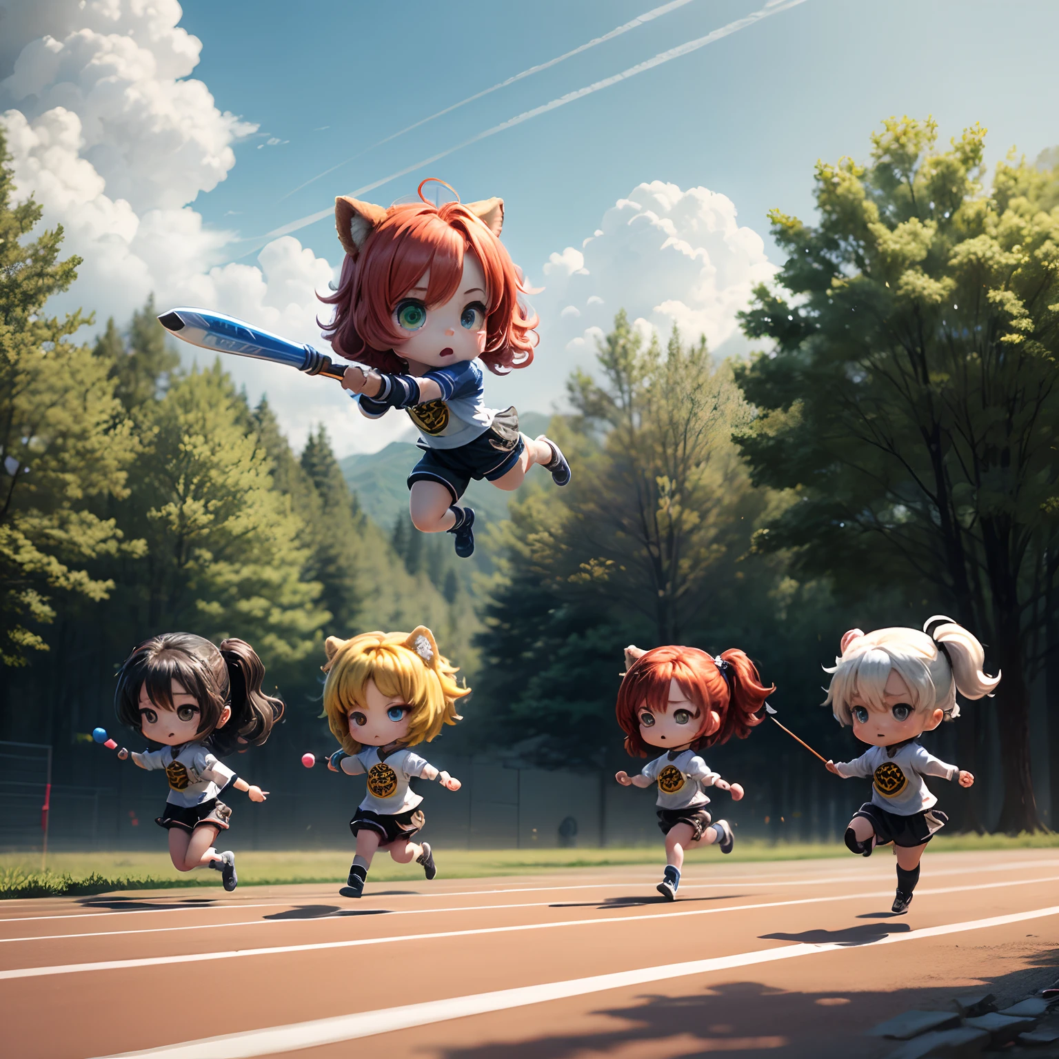 masterpiece、top-quality、ultra-detailliert、(Chibi Chara:1.2)、独奏、field day、relay、Batons、Running、