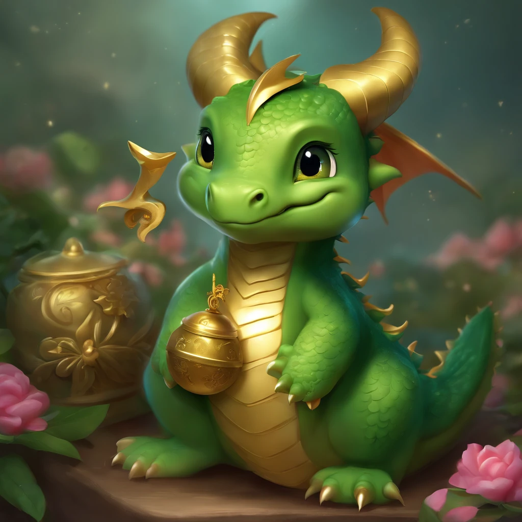 There is a green dragon with a golden bell on its head, Cute detailed digital art, lovely digital painting, cute little dragon, author：tooth wu, style of wlop, adorable digital art, [ trending on CGSociety ]!!, by Russell Dongjun Lu, Phlegm sputum, phlegm! pastel colour, 🌺 CGSesociety, by Yang J, Trends in CG society