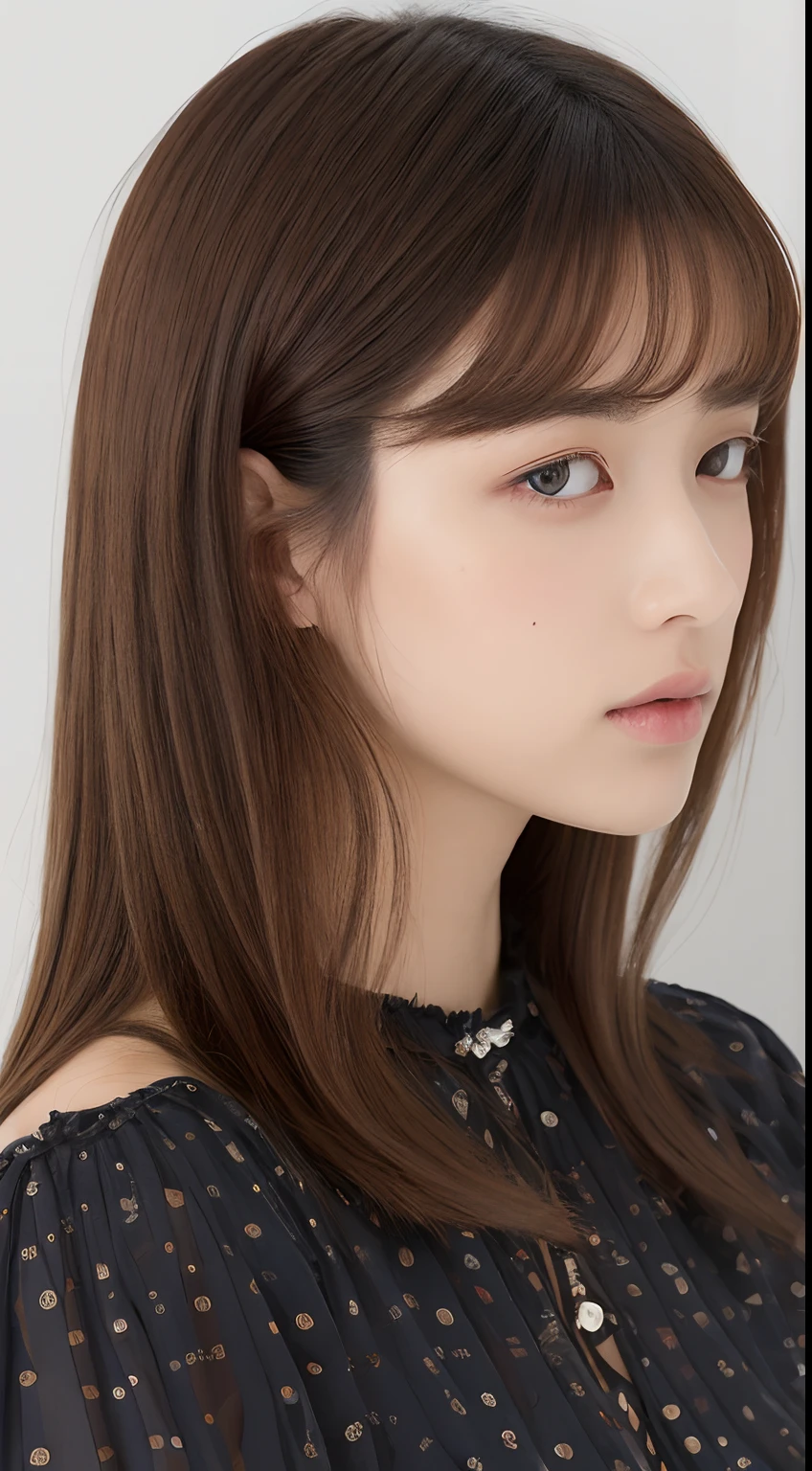 one beautiful Japanese model ,Unique hair details, Dior blouse, frill white pattern, Near future, Curvilinear details , detailed eyes, double eyelid, plump lips, Two-Tier Inverted shaggy hair, professional makeup, hyper res
