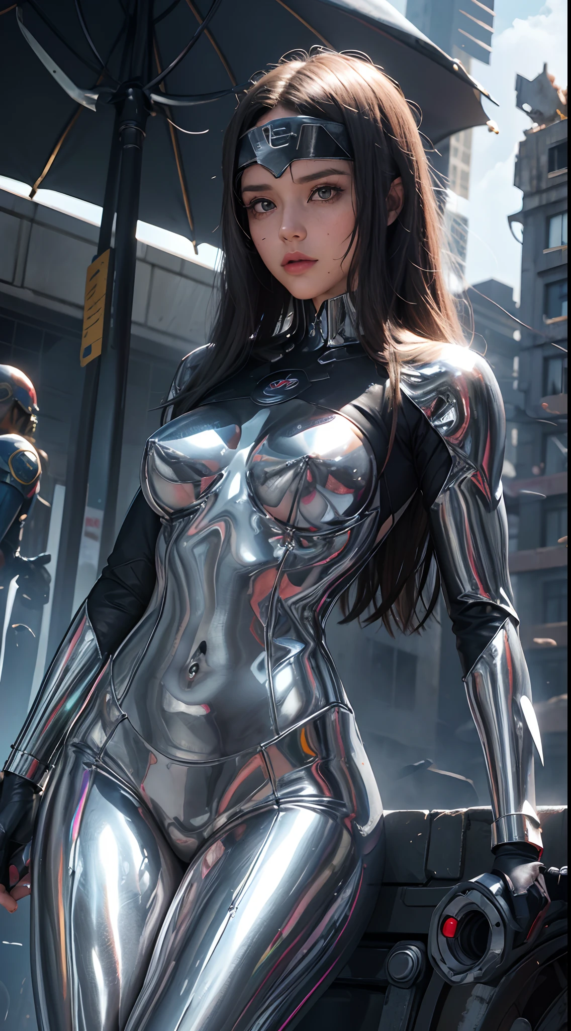 25-year-old woman in the style of Colossus, El alter ego de Peter Rasputin, is a comic book character from Marvel Comics. Colossus' most famous power is that his entire skin is made of chrome-plated silver organic steel........ Chromium plated metal is a psionic analogue of the element osmium, Known primarily for being a transition metal. It's an incredibly dense metal, Capaz de soportarlo todo, cuerpo delgado, dynamic poses, (senos medianos: 1.3), (realismo:1.5), (Realisitc:1.4), (absurdo:1.4), 8k, ultra detallado, Hermosa chica detallada, (1:1.4 solamente), 1 girl, (Visor orientado:1.2), (Nueva York: 1.4), (Plaza del Tiempo: 1.3), (bright sunny day:1.5), Detalles intrincados del cuerpo, (corto: 1.3), (La mejor calidad: 1.0), (Ultra Highres): 1.0), Cara y ojos altamente detallados, (fotorrealista: 1.2), (Apocalyptic city destroyed:1.4),motor irreal:1.4,UHD,La mejor calidad:1.4, fotorrealista:1.4, textura de la piel:1.4, obra maestra:1.8,obra-prima, mejor calidad,