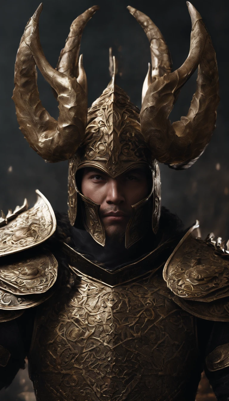 warrior, concept-art, author:Kishiganku, Fantasy art, battleground background, clean render, a horned, Wear a suit of armor, Detailed bushido form smoke, helmet of a forgotten deity, character is standing, 8k Realistic, in game render, detailed face background detail, Art station front page, taur, Pseudo-medieval fantasy, A deity wearing koi armor, detailed bronze armor, Bronze armor, golden etched armor, gold obsidian armor, Light gold armor, Gorgeous filigree armor, A demonic warrior, Gorgeous armor full of thorns, Intricate assasin armor, Intricate metal armor, powerful warrior, Dressed in gorgeous gold armor,Decorated with intricate patterns, The helmet has a large crown and two horns,Glowing red eyes, Everything is in the dark, The smoky background hints at battle scenes, Add an ominous aura to his character,submission, Full body shot.fully body photo