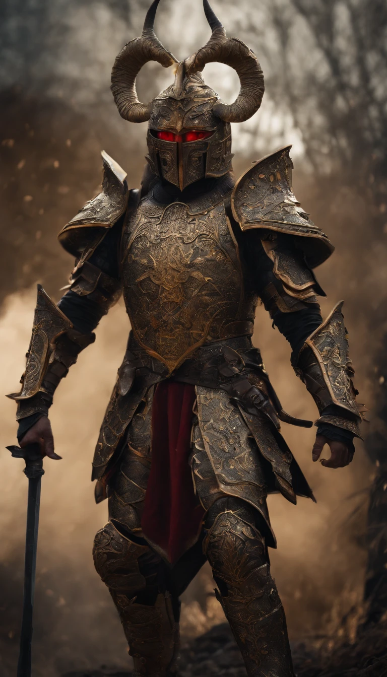 warrior, concept-art, author:Kishiganku, Fantasy art, battleground background, clean render, a horned, Wear a suit of armor, Detailed bushido form smoke, helmet of a forgotten deity, character is standing, 8k Realistic, in game render, detailed face background detail, Art station front page, taur, Pseudo-medieval fantasy, A deity wearing koi armor, detailed bronze armor, Bronze armor, golden etched armor, gold obsidian armor, Light gold armor, Gorgeous filigree armor, A demonic warrior, Gorgeous armor full of thorns, Intricate assasin armor, Intricate metal armor, powerful warrior, Dressed in gorgeous gold armor,Decorated with intricate patterns, The helmet has a large crown and two horns,Glowing red eyes, Everything is in the dark, The smoky background hints at battle scenes, Add an ominous aura to his character,submission, Full body shot.fully body photo