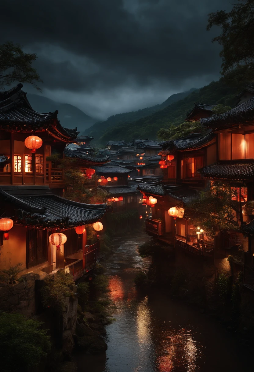 arafed view of a village with a lot of lights on the buildings, dreamy chinese town, chinese village, amazing wallpaper, japanese town, japanese village, hyper realistic photo of a town, old asian village, japanese city, by Raymond Han, rainy evening, cyberpunk chinese ancient castle, beautifully lit buildings, at evening during rain, beautiful and aesthetic, photography, cinematic, 8k, high detailed ((Heavy rain)))
