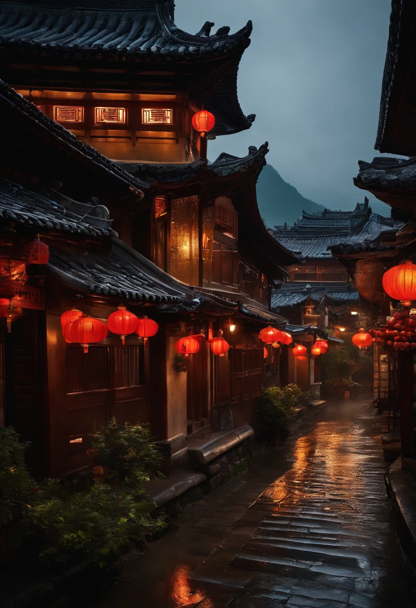 arafed view of a village with a lot of lights on the buildings, dreamy chinese town, chinese village, amazing wallpaper, japanese town, japanese village, hyper realistic photo of a town, old asian village, japanese city, by Raymond Han, rainy evening, cyberpunk chinese ancient castle, beautifully lit buildings, at evening during rain, beautiful and aesthetic, photography, cinematic, 8k, high detailed ((Heavy rain)))