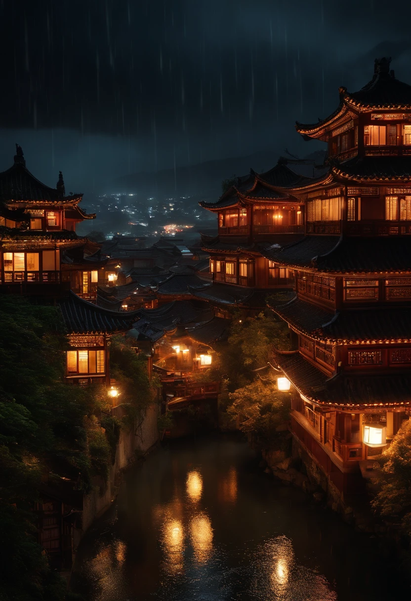 arafed view of a village with a lot of lights on the buildings, dreamy chinese town, chinese village, amazing wallpaper, japanese town, japanese village, hyper realistic photo of a town, old asian village, japanese city, by Raymond Han, rainy evening, cyberpunk chinese ancient castle, beautifully lit buildings, at evening during rain, beautiful and aesthetic, photography, cinematic, 8k, high detailed ((Heavy rain)))