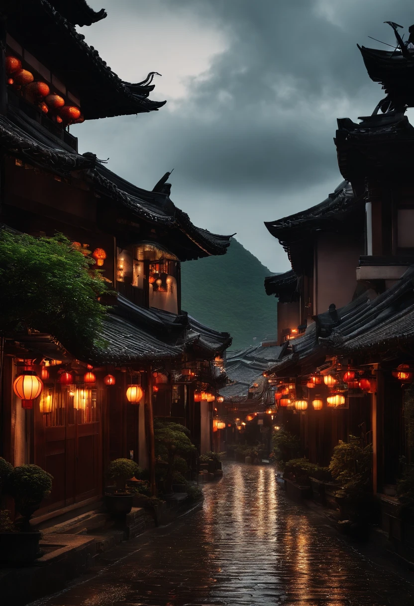 arafed view of a village with a lot of lights on the buildings, dreamy chinese town, chinese village, amazing wallpaper, japanese town, japanese village, hyper realistic photo of a town, old asian village, japanese city, by Raymond Han, rainy evening, cyberpunk chinese ancient castle, beautifully lit buildings, at evening during rain, beautiful and aesthetic, photography, cinematic, 8k, high detailed ((Heavy rain)))