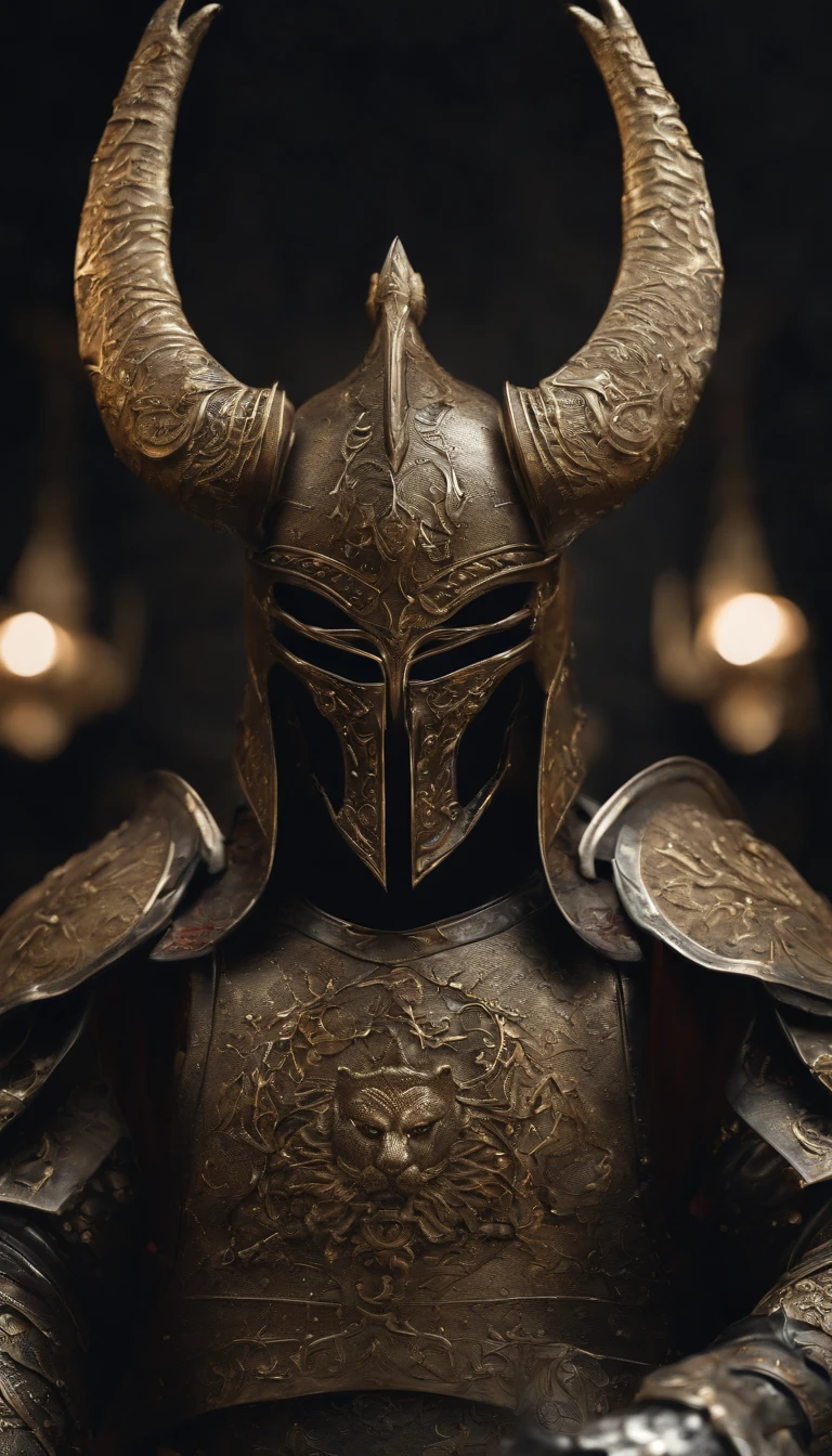 warrior, concept-art, author:Kishiganku, Fantasy art, battleground background, clean render, a horned, Wear a suit of armor, Detailed bushido form smoke, helmet of a forgotten deity, character is standing, 8k Realistic, in game render, detailed face background detail, Art station front page, taur, Pseudo-medieval fantasy, A deity wearing koi armor, detailed bronze armor, Bronze armor, golden etched armor, gold obsidian armor, Light gold armor, Gorgeous filigree armor, A demonic warrior, Gorgeous armor full of thorns, Intricate assasin armor, Intricate metal armor, powerful warrior, Dressed in gorgeous gold armor,Decorated with intricate patterns, The helmet has a large crown and two horns,Glowing red eyes, Everything is in the dark, The smoky background hints at battle scenes, Add an ominous aura to his character,submission, Full body shot.fully body photo