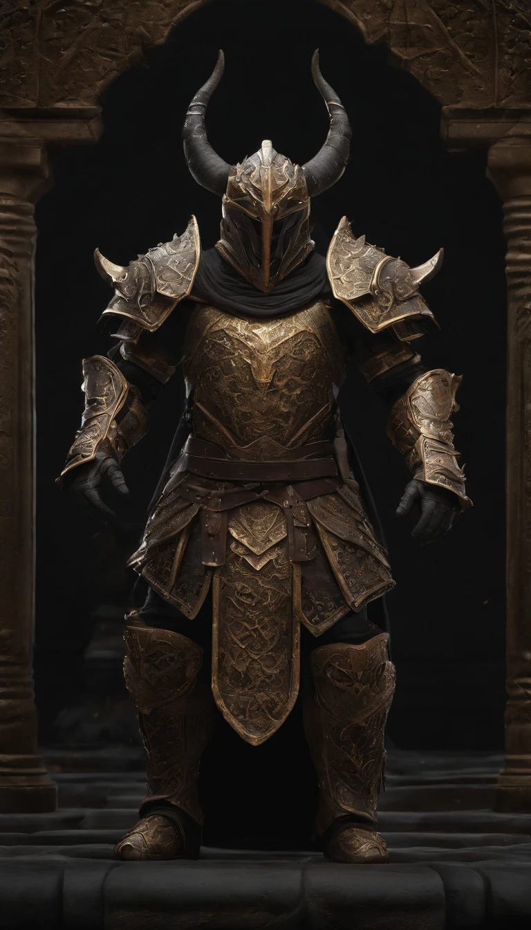 warrior, concept-art, author:Kishiganku, Fantasy art, battleground background, clean render, a horned, Wear a suit of armor, Detailed bushido form smoke, helmet of a forgotten deity, character is standing, 8k Realistic, in game render, detailed face background detail, Art station front page, taur, Pseudo-medieval fantasy, A deity wearing koi armor, detailed bronze armor, Bronze armor, golden etched armor, gold obsidian armor, Light gold armor, Gorgeous filigree armor, A demonic warrior, Gorgeous armor full of thorns, Intricate assasin armor, Intricate metal armor, powerful warrior, Dressed in gorgeous gold armor,Decorated with intricate patterns, The helmet has a large crown and two horns,Glowing red eyes, Everything is in the dark, The smoky background hints at battle scenes, Add an ominous aura to his character,submission, Full body shot.fully body photo
