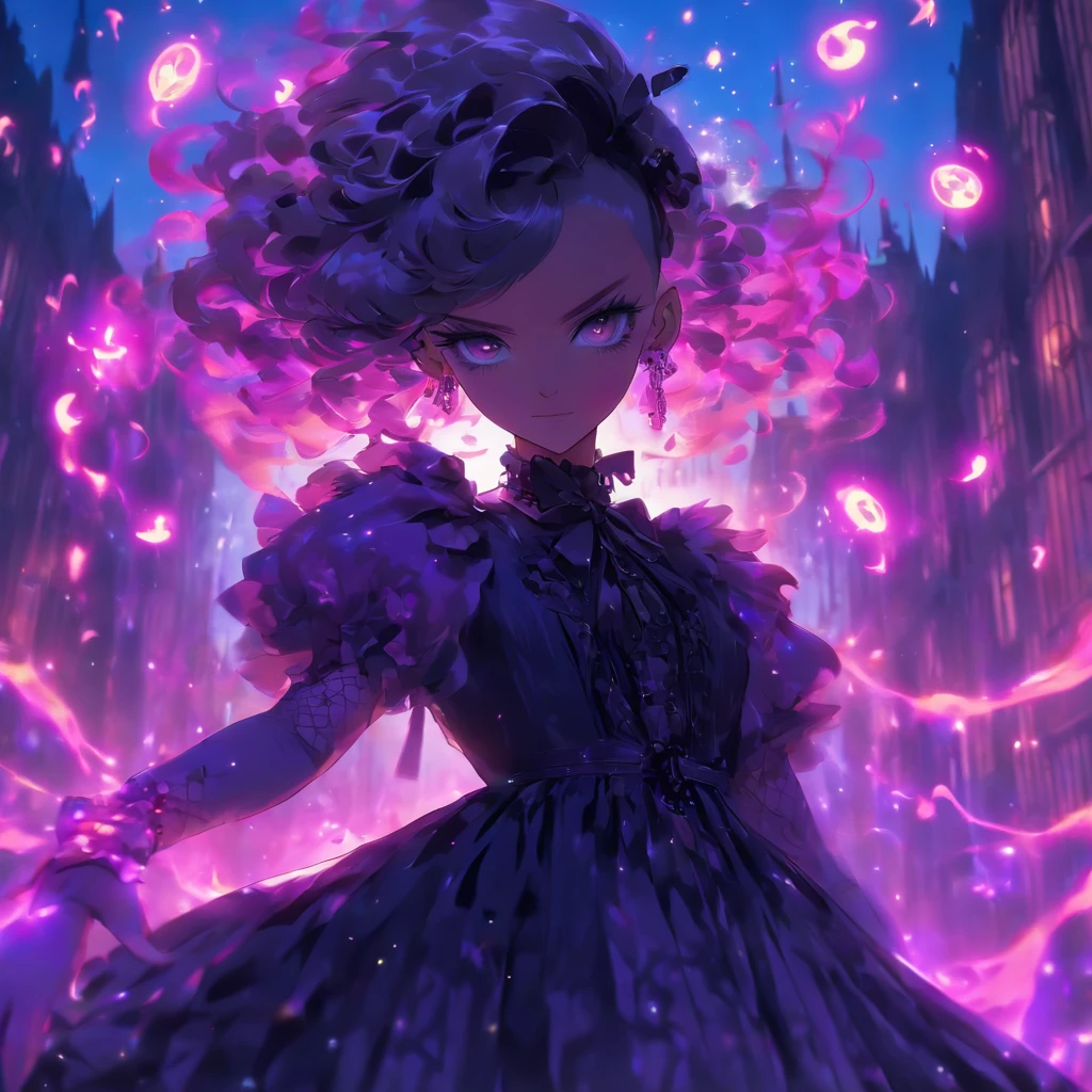 androgynous male Gothic lolita with purple shaved head, casting glowing soul spells while wearing lolita dress