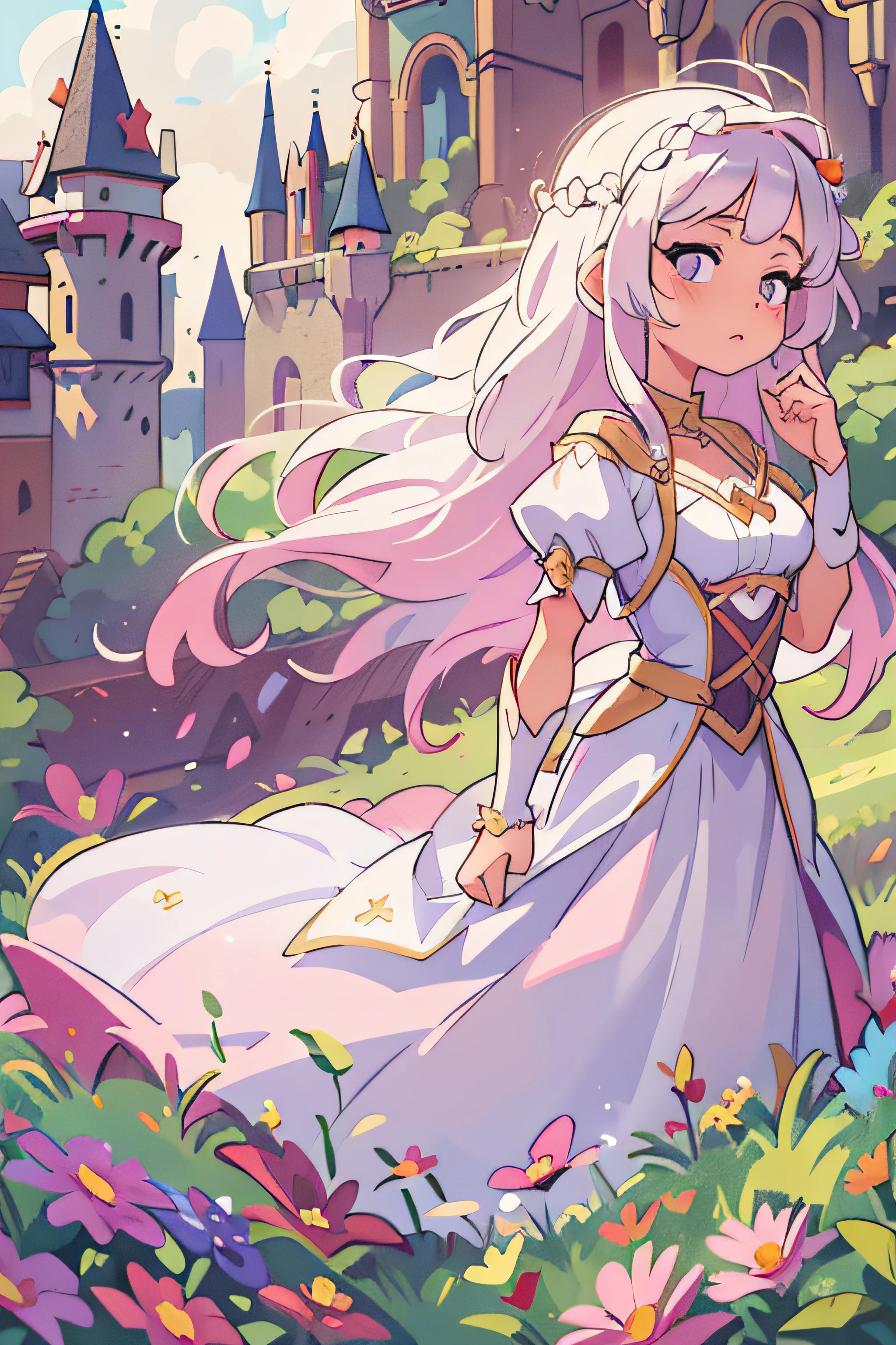 ((best quality, masterpiece)),
1girl, princess pink dress, flowers, white messy hair, outdoor, clouds on background,fantasy, medieval, castle on background