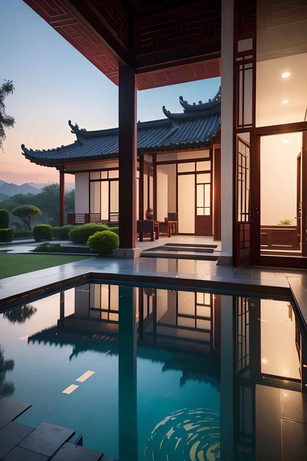 Villa with Chinese architecture，There is also a modern minimalist style，Glass curtain wal，There is a gazebo in the yard，There is a fish pond with red fish，exterior，Outdoor sofa，A family of 3 was chatting