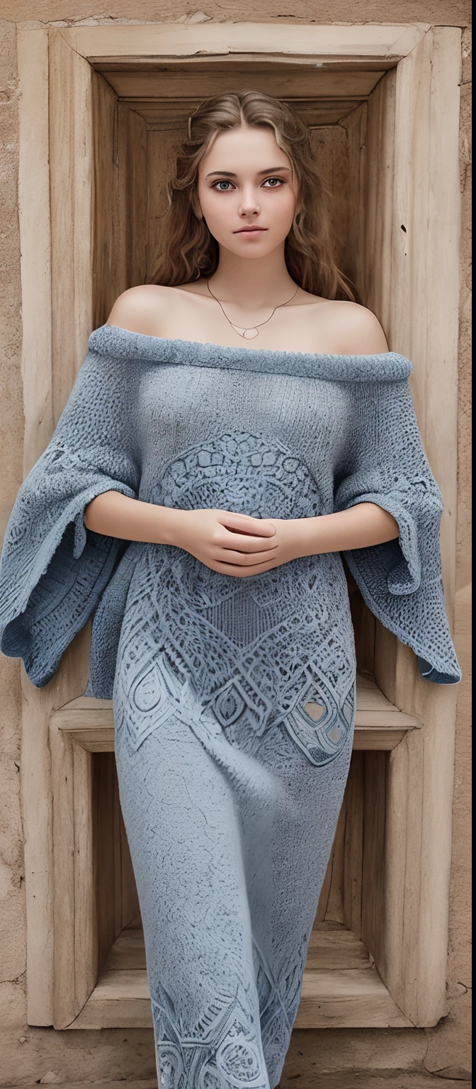RAW Photography, (((Very beautiful portrait))), ((glistning skin)), ((masterpiece, intricate detailes)), 1girl in, age19, 独奏, Long hair, Looking at Viewer, Sweaters, Bare shoulders, Big eyes, blue eyess, smil, off shoulders, Realistic, A sexy