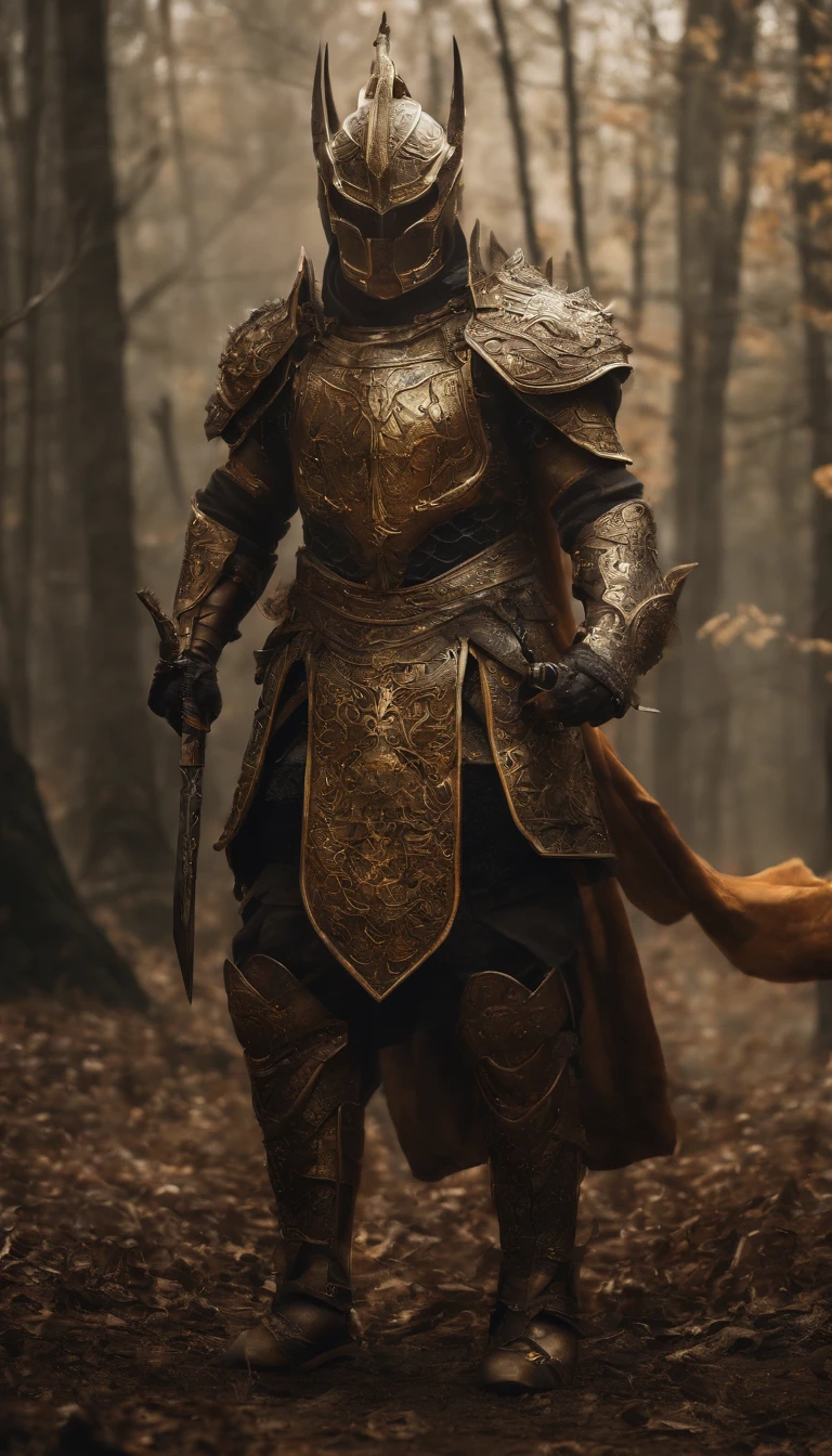 warrior, concept-art, author：Kishiganku, Fantasy art, battleground background, clean render, a horned, Wear a suit of armor, Detailed bushido form smoke, helmet of a forgotten deity, character is standing, 8k Realistic, in game render, detailed face background detail, Art station front page, taur, Pseudo-medieval fantasy, A deity wearing koi armor, detailed bronze armor, Bronze armor, golden etched armor, gold obsidian armor, Light gold armor, Gorgeous filigree armor, A demonic warrior, Gorgeous armor full of thorns, Intricate assasin armor, Intricate metal armor, powerful warrior, Dressed in gorgeous gold armor，Decorated with intricate patterns, The helmet has a large crown and two horns,Glowing red eyes， Everything is in the dark, The smoky background hints at battle scenes, Add an ominous aura to his character，submission, Full body shot.fully body photo