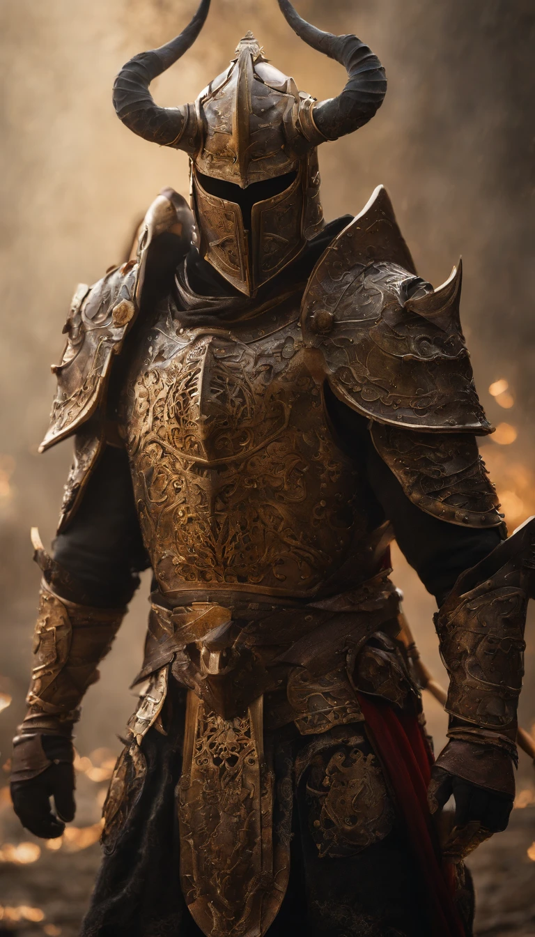 warrior, concept-art, author：Kishiganku, Fantasy art, battleground background, clean render, a horned, Wear a suit of armor, Detailed bushido form smoke, helmet of a forgotten deity, character is standing, 8k Realistic, in game render, detailed face background detail, Art station front page, taur, Pseudo-medieval fantasy, A deity wearing koi armor, detailed bronze armor, Bronze armor, golden etched armor, gold obsidian armor, Light gold armor, Gorgeous filigree armor, A demonic warrior, Gorgeous armor full of thorns, Intricate assasin armor, Intricate metal armor, powerful warrior, Dressed in gorgeous gold armor，Decorated with intricate patterns, The helmet has a large crown and two horns,Glowing red eyes， Everything is in the dark, The smoky background hints at battle scenes, Add an ominous aura to his character，submission, Full body shot.fully body photo