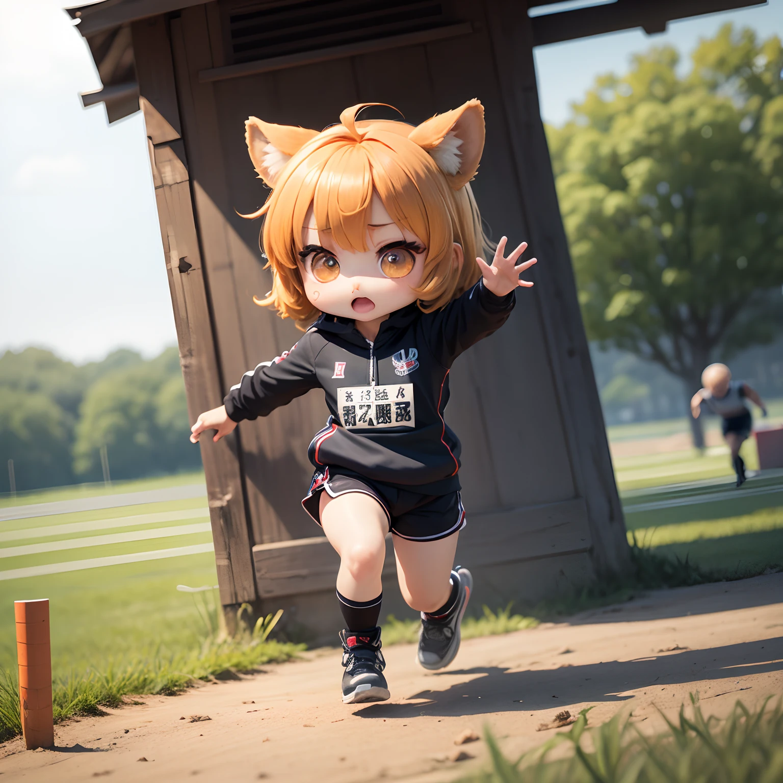 ​masterpiece、top-quality、ultra-detailliert、(Chibi Chara:1.2)、独奏、field day、relay、Holding a red short bar、Running、