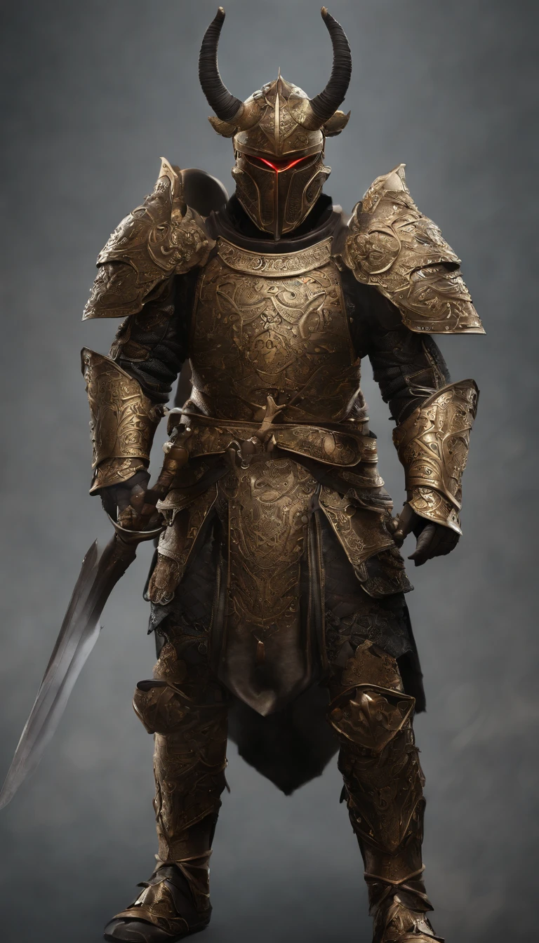 warrior, concept-art, author:Kishiganku, Fantasy art, battleground background, clean render, a horned, Wear a suit of armor, Detailed bushido form smoke, helmet of a forgotten deity, character is standing, 8k Realistic, in game render, detailed face background detail, Art station front page, taur, Pseudo-medieval fantasy, A deity wearing koi armor, detailed bronze armor, Bronze armor, golden etched armor, gold obsidian armor, Light gold armor, Gorgeous filigree armor, A demonic warrior, Gorgeous armor full of thorns, Intricate assasin armor, Intricate metal armor, powerful warrior, Dressed in gorgeous gold armor,Decorated with intricate patterns, The helmet has a large crown and two horns,Glowing red eyes, Everything is in the dark, The smoky background hints at battle scenes, Add an ominous aura to his character,submission, Full body shot.fully body photo