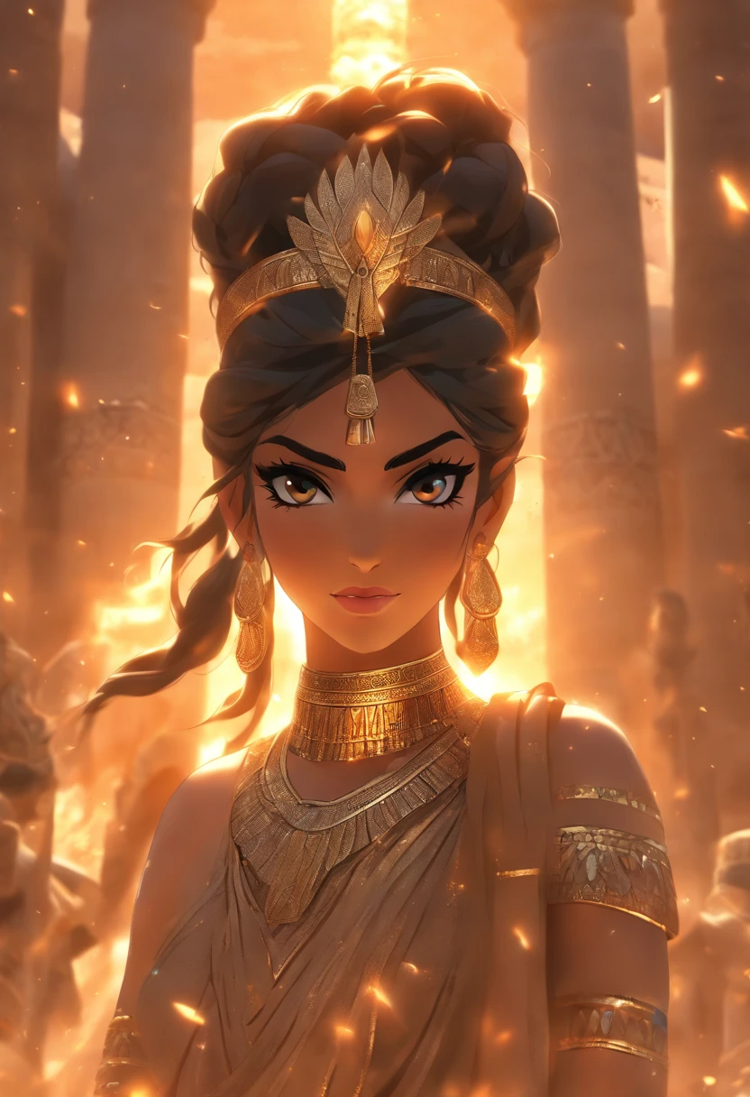 (((Mesopotamian Goddess))) best quality, ultra-high resolution, 4K detailed CG, master piece,ISHTAR,Brunette woman,adornments,asah, necklace, Arabic clothing, ((( standing))), Mesopotamian Mythology, Cadians, Babylonians, Assyrians, Painting style, aesthetics, Beautiful image, depth of field, centered on the canvas, full body