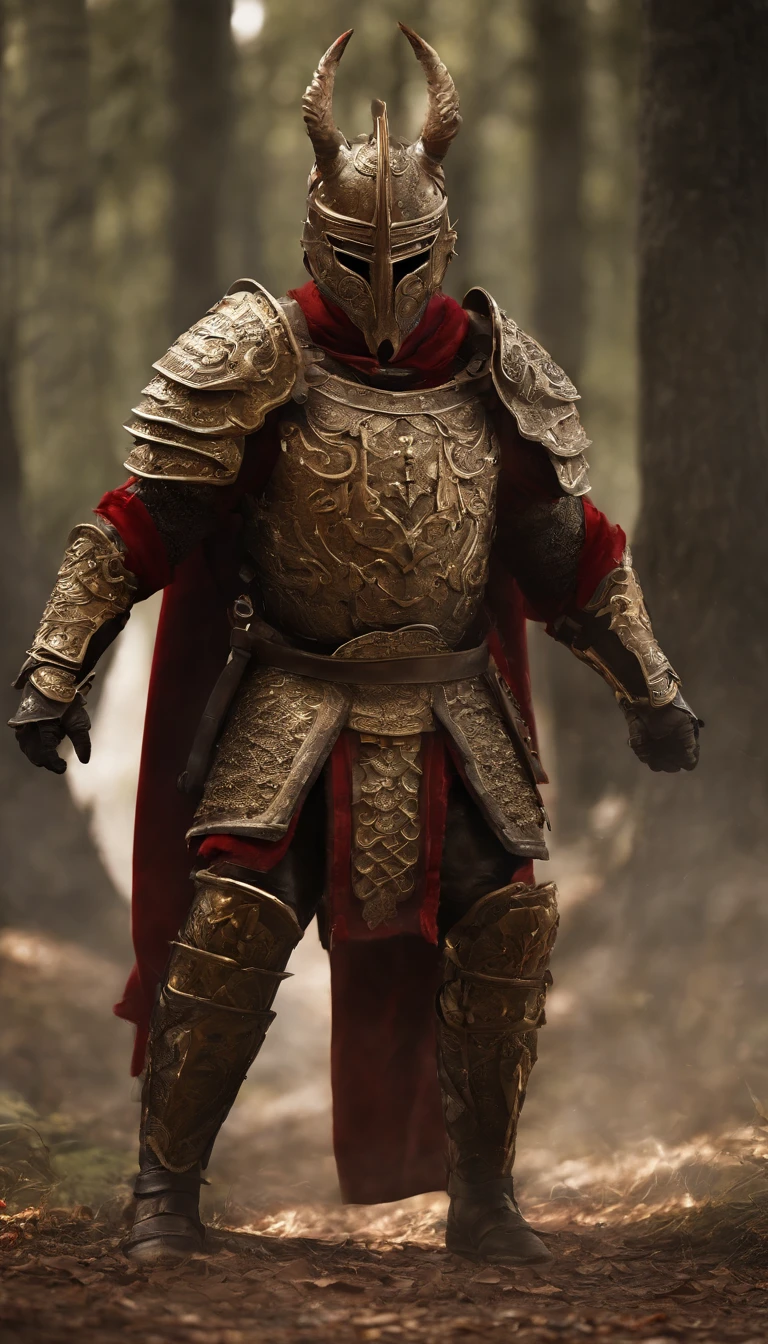 warrior, concept-art, author：Kishiganku, Fantasy art, battleground background, clean render, a horned, Wear a suit of armor, Detailed bushido form smoke, helmet of a forgotten deity, character is standing, 8k Realistic, in game render, detailed face background detail, Art station front page, taur, Pseudo-medieval fantasy, A deity wearing koi armor, detailed bronze armor, Bronze armor, golden etched armor, gold obsidian armor, Light gold armor, Gorgeous filigree armor, A demonic warrior, Gorgeous armor full of thorns, Intricate assasin armor, Intricate metal armor, powerful warrior, Dressed in gorgeous gold armor，Decorated with intricate patterns, The helmet has a large crown and two horns,Glowing red eyes， Everything is in the dark, The smoky background hints at battle scenes, Add an ominous aura to his character，submission, Full body shot.fully body photo