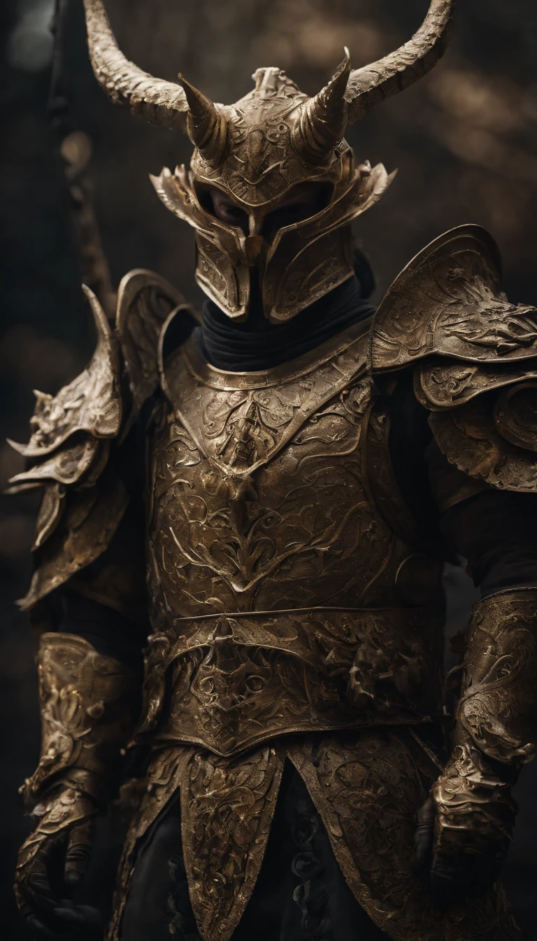 warrior, concept-art, author:Kishiganku, Fantasy art, battleground background, clean render, a horned, Wear a suit of armor, Detailed bushido form smoke, helmet of a forgotten deity, character is standing, 8k Realistic, in game render, detailed face background detail, Art station front page, taur, Pseudo-medieval fantasy, A deity wearing koi armor, detailed bronze armor, Bronze armor, golden etched armor, gold obsidian armor, Light gold armor, Gorgeous filigree armor, A demonic warrior, Gorgeous armor full of thorns, Intricate assasin armor, Intricate metal armor, powerful warrior, Dressed in gorgeous gold armor,Decorated with intricate patterns, The helmet has a large crown and two horns,Glowing red eyes, Everything is in the dark, The smoky background hints at battle scenes, Add an ominous aura to his character,submission, Full body shot.fully body photo