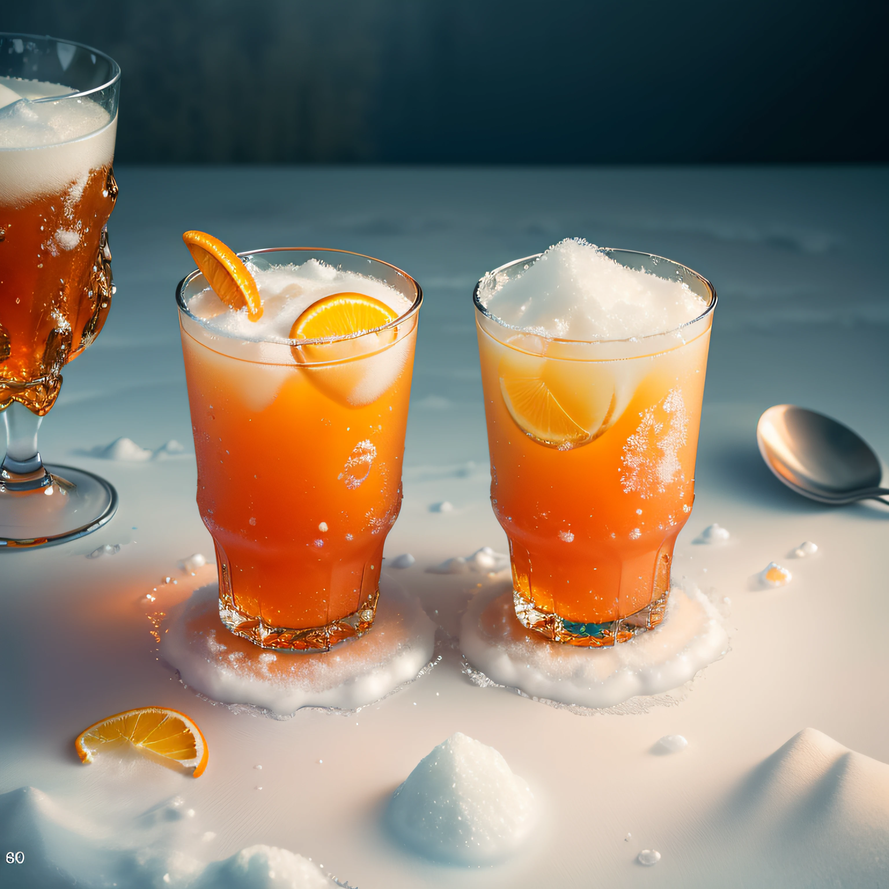 a glass of orange soda,((a single glass)) (frosted glass with snow), (8k, RAW photo, best quality, masterpiece:1.2), (realistic, photorealistic:1.37)