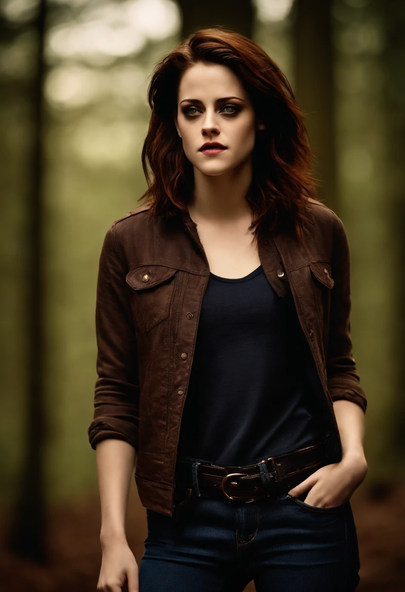 Kristen Stewart, portrait, Lovely face, pretty eyes, vampire teeth,vampire,blood, best qulaity, full-body, emo, Bella swan, realistic