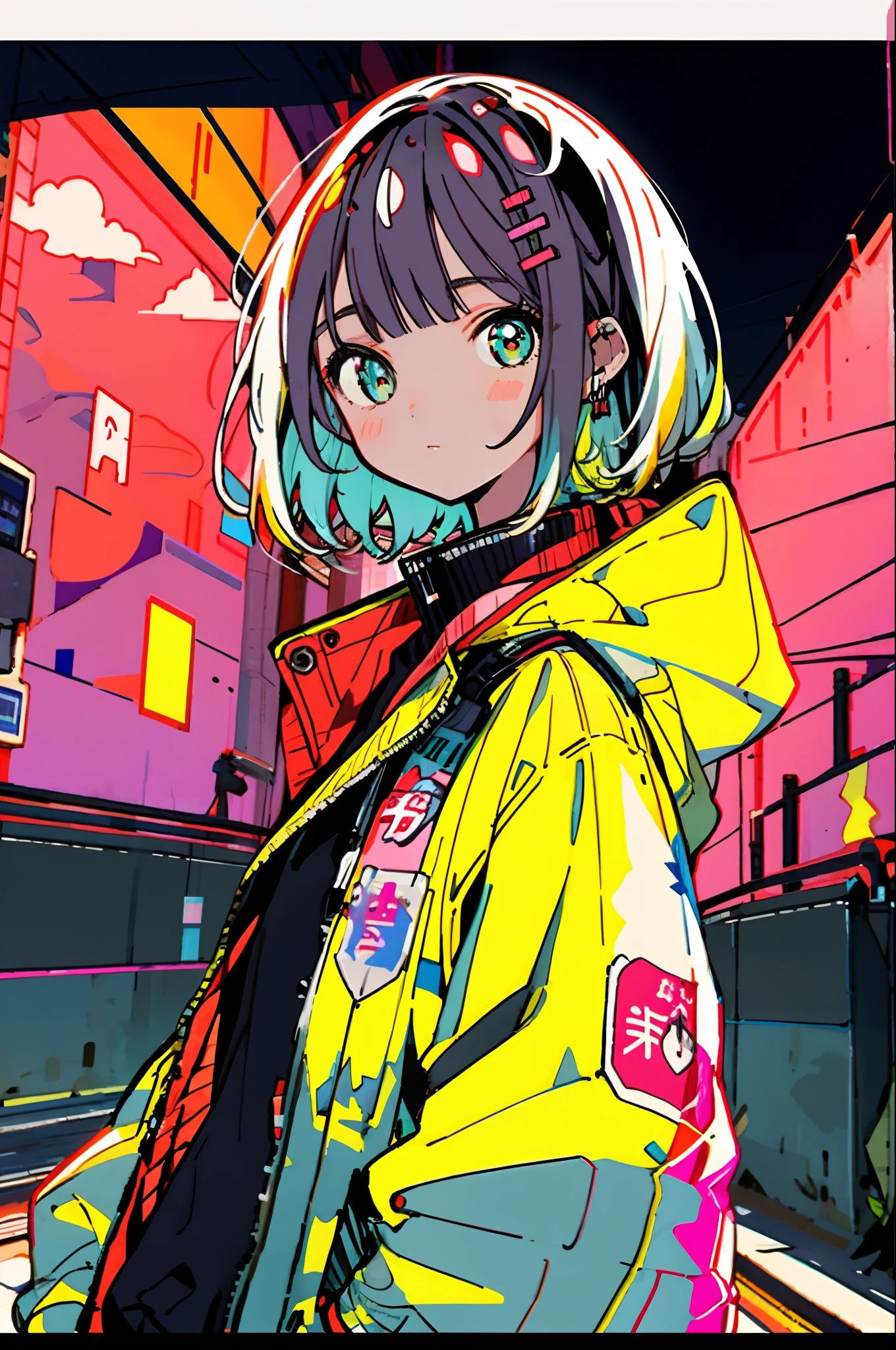 ​masterpiece, top-quality, 1girl in, City Pop, natta, Look at another one, The upper part of the body, vector illustrations, jaket, Light smile, bluntbangs, length hair, lofi art,