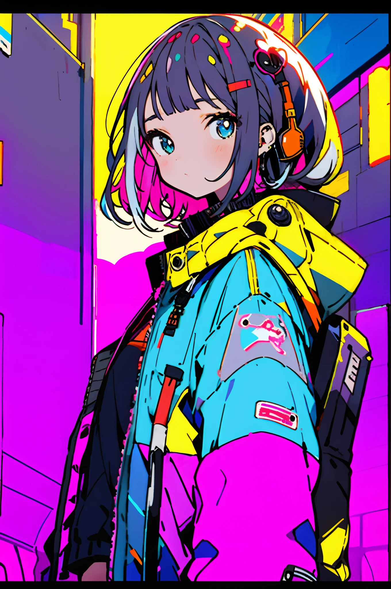 ​masterpiece, top-quality, 1girl in, City Pop, natta, Look at another one, The upper part of the body, vector illustrations, jaket, Light smile, bluntbangs, length hair, lofi art, long straight hair style,