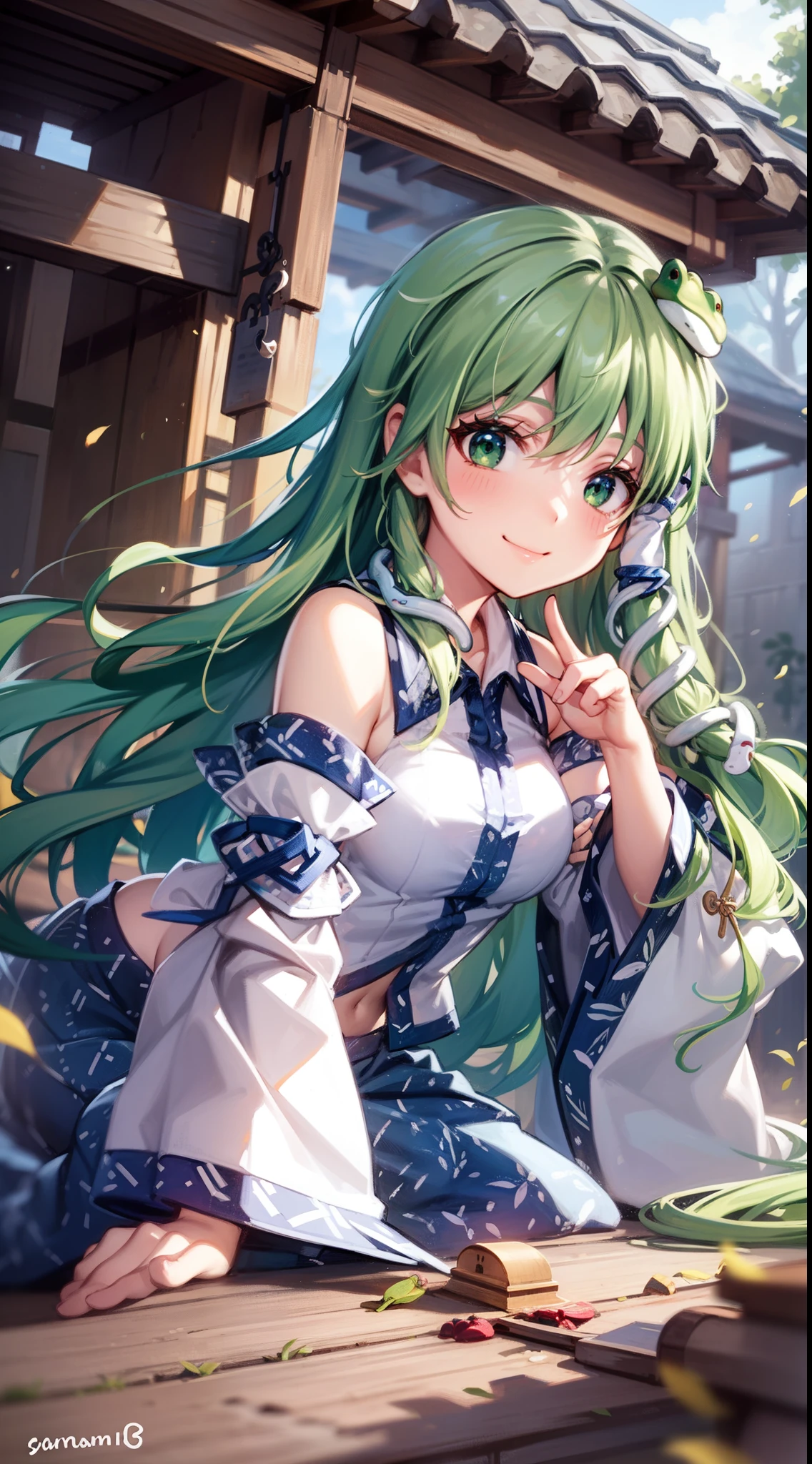 masterpiece, best quality,ultra-detailed,unity 8k wallpaper,dynamic lighting,1girl,kochiya sanae,smile, long hair,green hair,green eyes,frog hair ornament, hair tubes,snake,detached sleeves,shirt,long skirt,shrine,