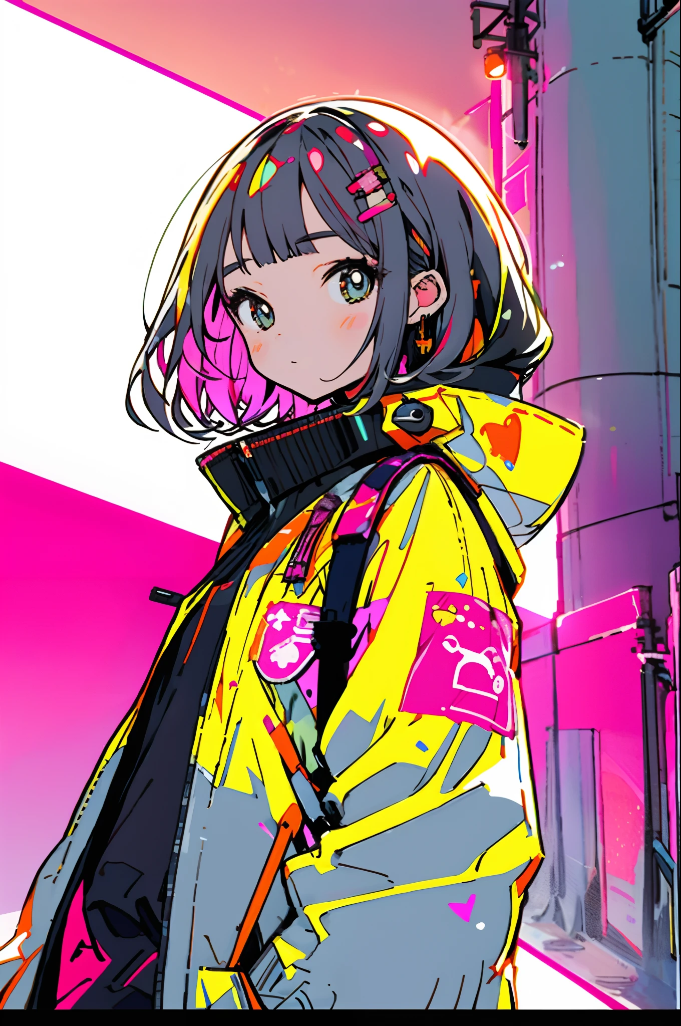 ​masterpiece, top-quality, 1girl in, City Pop, natta, Look at another one, The upper part of the body, vector illustrations, jaket, Light smile, bluntbangs, length hair, lofi art, long straight hair style,