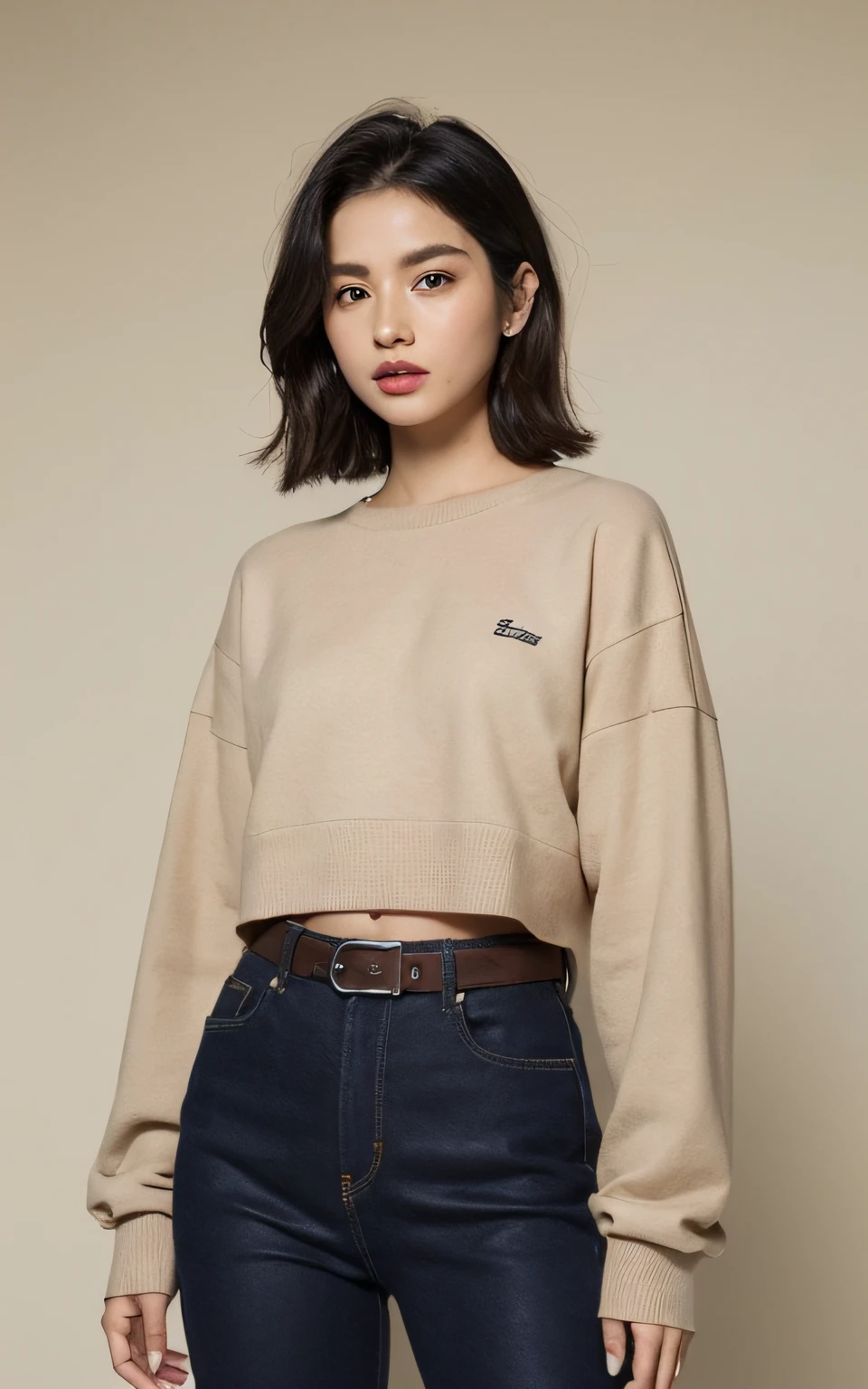 extremely detailed CG unity 8k wallpaper, Best quality, Ultra-detailed, Masterpiece, Realstic, photo realist, extremely detailed cute girl, 18 ans, idol, petit seins, lips parted, pantalon cargo noire unicolore, Coolane Top with Thin Straps with Extra Cropped Sweatshirt, yeezy beige, corps entier ,hair over one eye, salle de danse