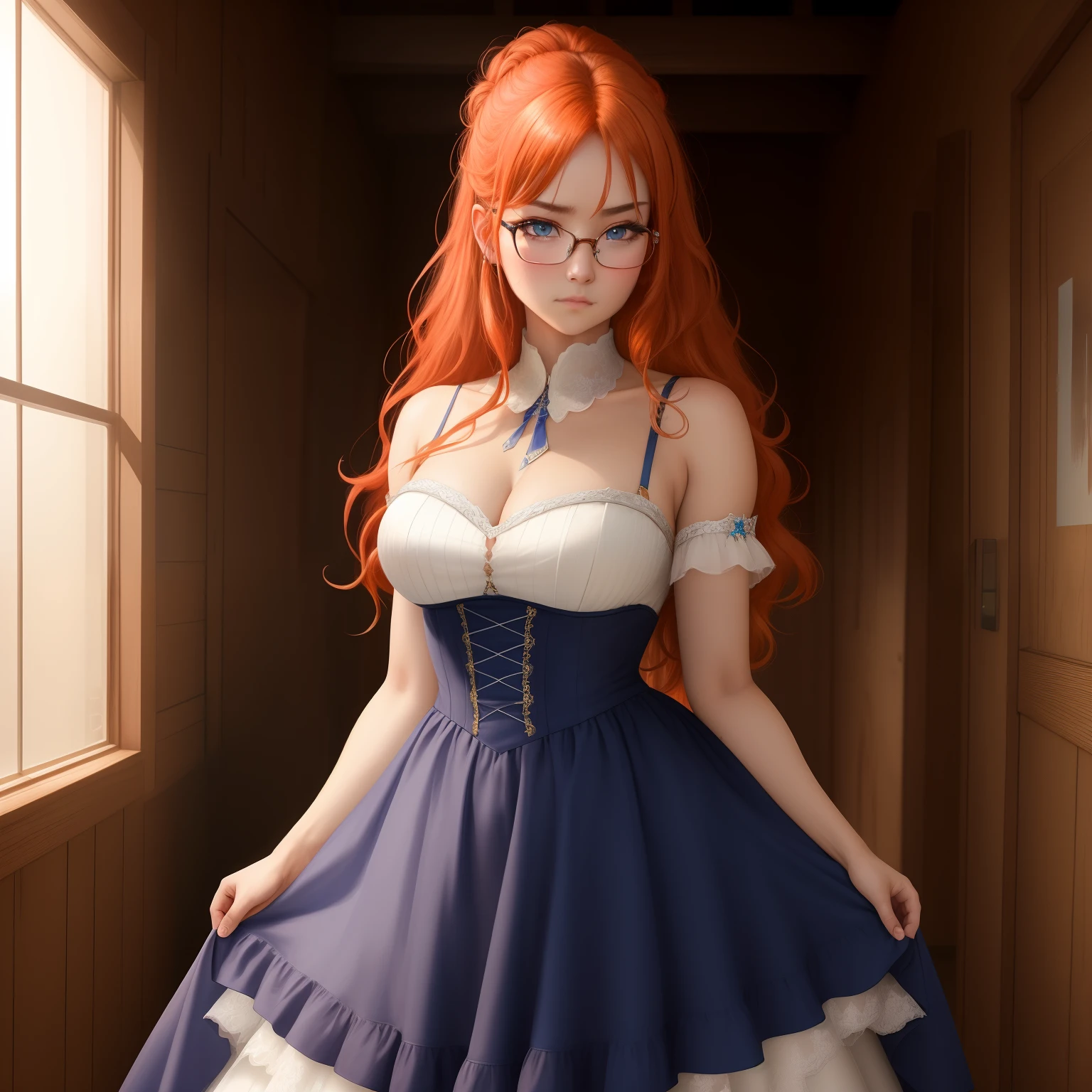8k, masterpiece, best quality, realistic, higly detailed, cowboy shot, 1girl, solo, itsuki, serious looking girl, medium-length hair, expressive ahoge, reddish-orange hair, a pair of star-shaped hairpins near both of her eyes, dark blue eyes, average height, well-endowed figure, glasses, cute, wedding dress