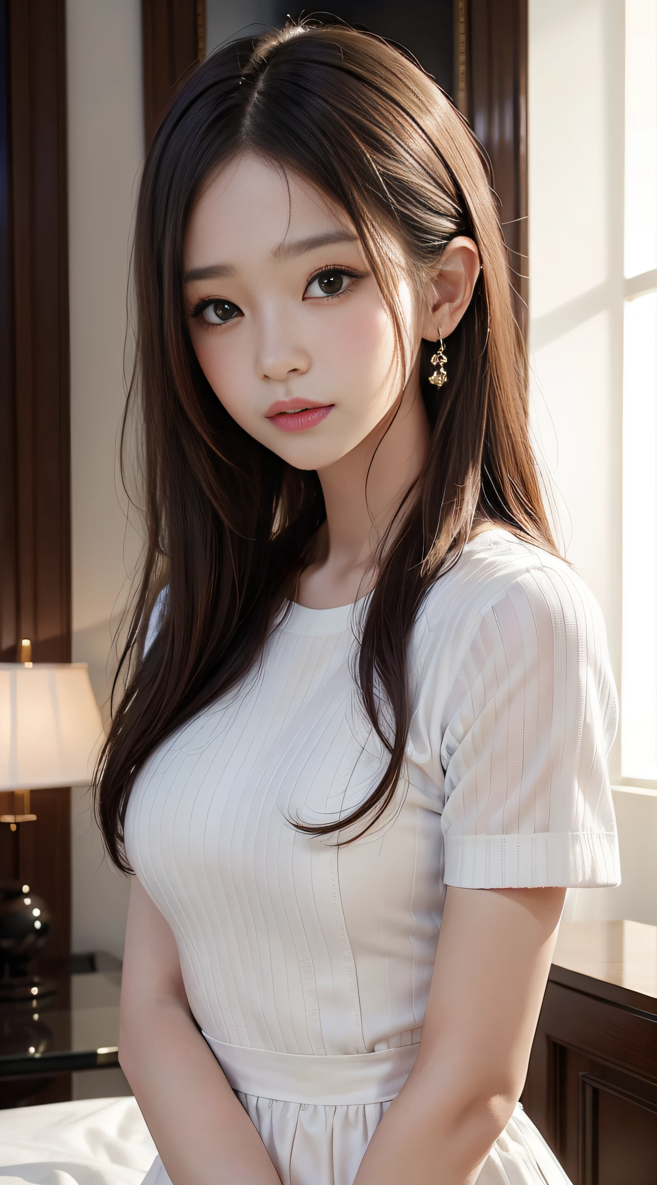 ​masterpiece、Top image quality:1.2、((beautiful young woman with))、Transparent skin:1.2、{A slight smil}、(kawaii)、Short sleeve knit:1.５、luxury hotel、depth of fields、Sharp Focus:1.5、Fine details、The chest is sheer