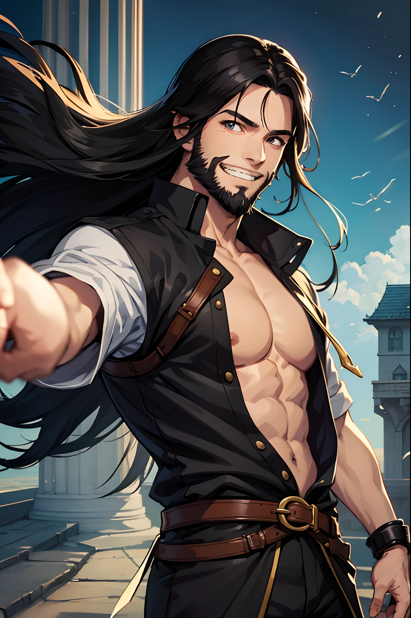 Anime, Middle-aged man, grin, fantasy, long hair, black hair, adventure, Thin beard, half body potrait