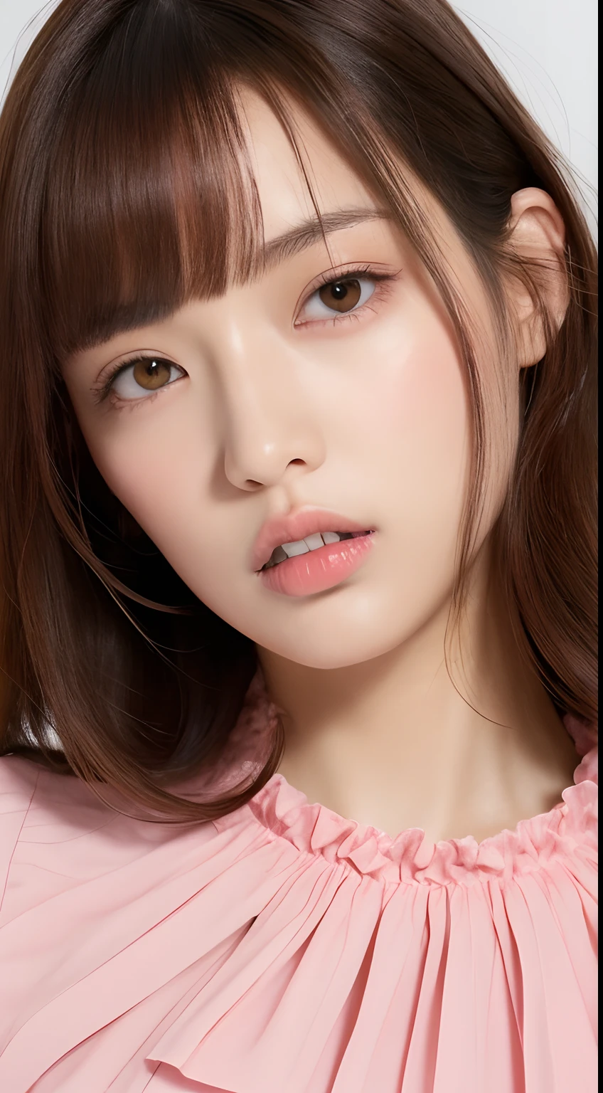 one beautiful Japanese model ,Unique hair details, Dior blouse, frill pink pattern, Near future, Curvilinear details , detailed eyes, double eyelid, plump lips, Two-Tier Inverted shaggy hair, professional makeup, hyper res