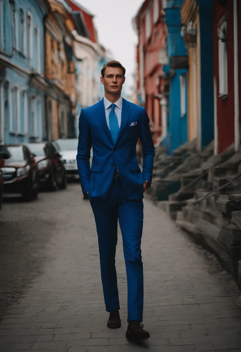 young tall man in vladivostok, in a blue suit, no beard