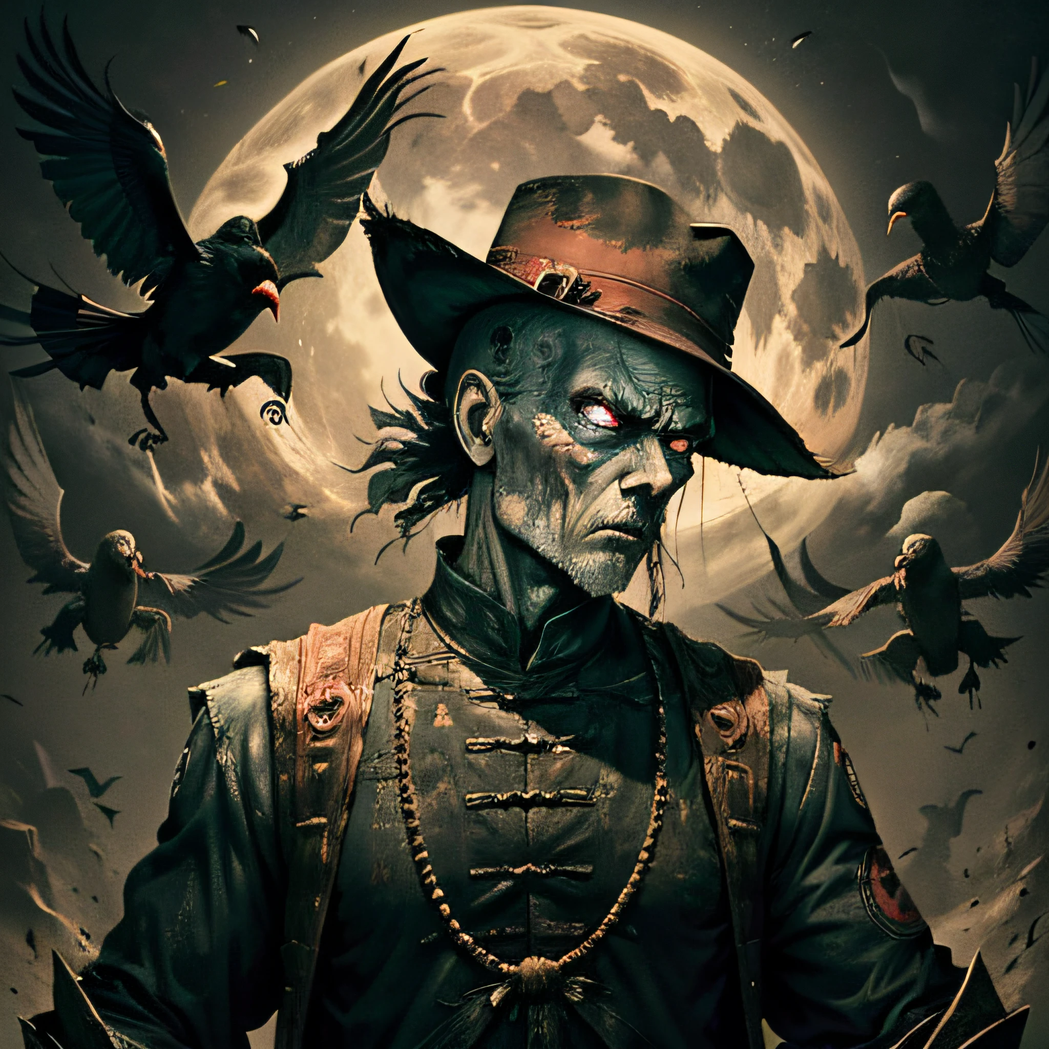 the night,seen from the side,Double,Balding middle-aged man in cape,Strong,The expression is fierce,Hands are imprinted,Spell handprints,10 red-eyed crows flew out behind him,dense,10 crows that glow red,bucket-hat,Ride on zombies(Chinese_Qing_zombi:1.3)shoulder on,Jump high in the air,Floating in the air,mid-air,Fifteen red-eyed crows flying in the air in the background,High in the sky,themoon,Lots of red-eyed crows,Densely packed crows,super-fine,hyper HD