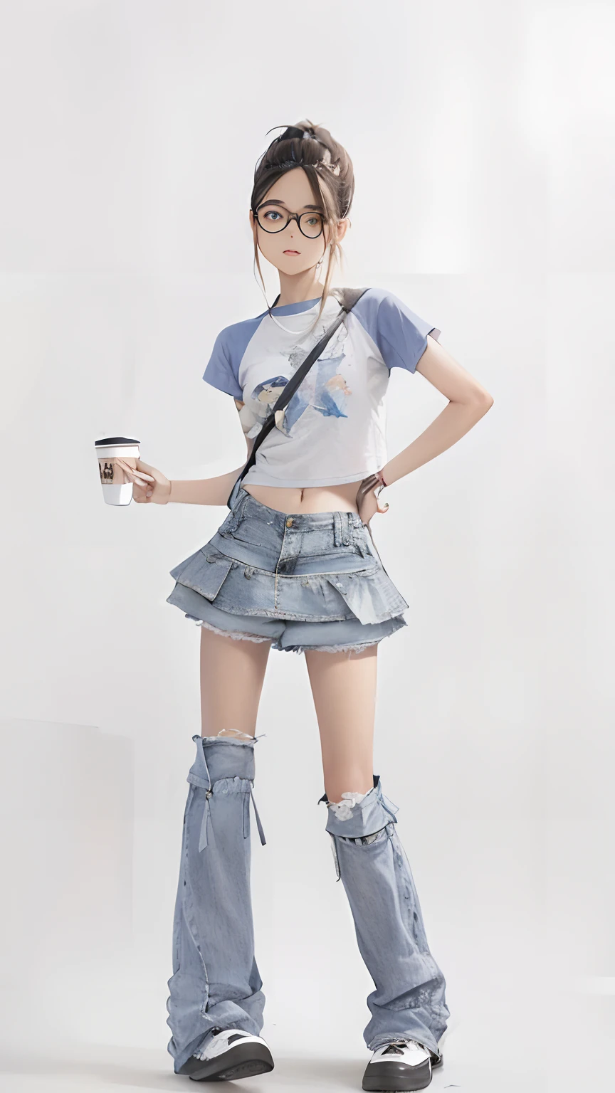 Alafi wore a denim skirt and T-shirt and coffee mug, kawaii shirt and jeans, full body cute young lady, mini jeans skirt, with ripped crop t - shirt, Cute casual streetwear, y 2 k style, Y2K style, denim short, photo of slim girl model, short jeans pants, y 2 k fashion, Casual clothing