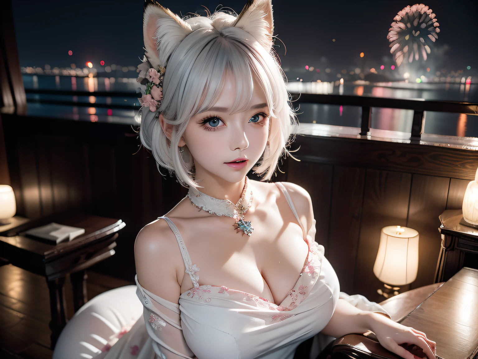 Two Miss Fox Demons，T-shirt wraps around your neck，High collar、High collar、High collar、High collar、High collar、High collar、Fox Devil Fox Years White Hair Girl，Overlooking the night view of Chang'an，Sexy and feminine，sit pose，Fluffy fox ears，fox tails，No ears，reddish tones，Gorgeous fireworks background，Pink floral maxi dress，The beauty of fox ears alone，Cover chest，Clan Girl，Fox's eye，Enchanted，Charming， K， best qualtiy， tmasterpiece，  Raised sexy， Highly detailed face and eyes， professional make up， ，， glow blue eyes，White-haired girl with fox ears、Camera angle from above、Looking here、