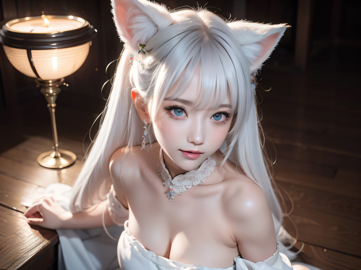 White hair, white body, white skin, fair skin, white skin, cat girl, nude, pussy